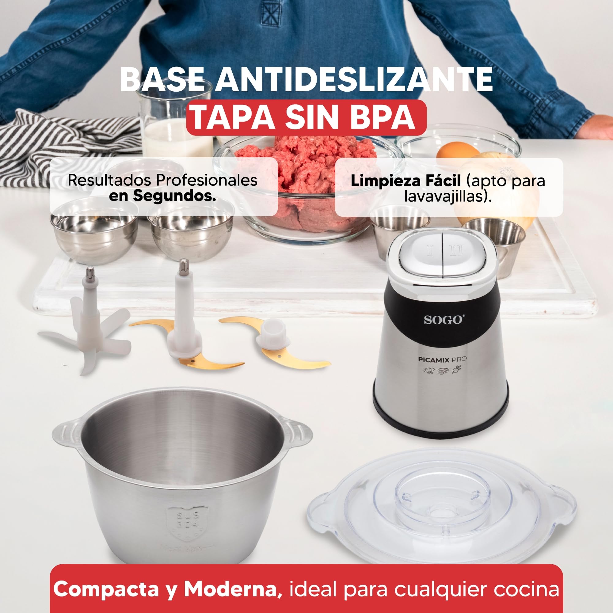 Sogo Picadora Eléctrica con Función de Doble Velocidad - Picadora de Carne, Verduras, Frutas, Frutos Secos - Procesador de Alimentos con 4 Cuchillas Afiladas y Eficientes - Trituradora de Alimentos