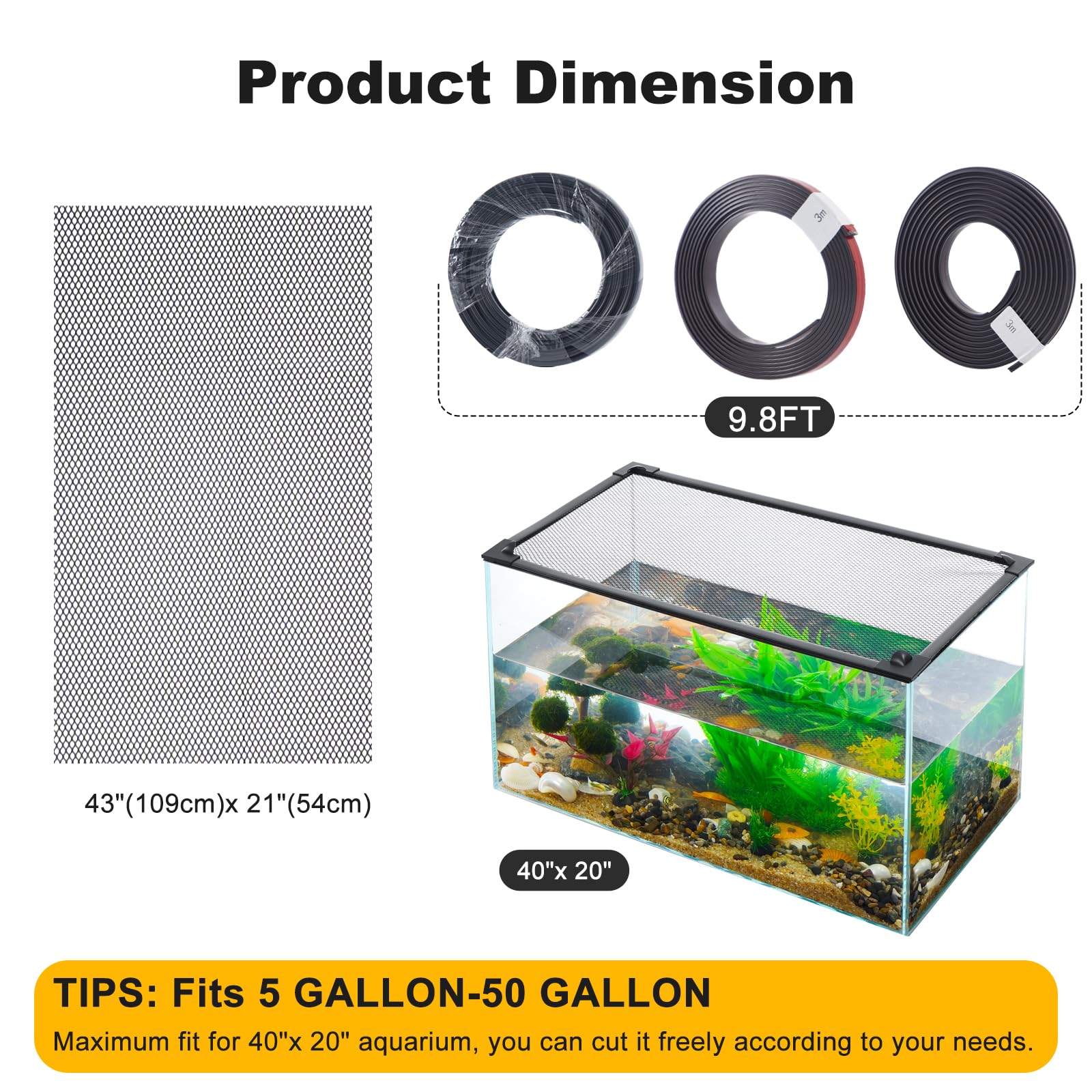 Uross Couvercle de réservoir de Poisson Couvercle magnétique pour Aquarium de réservoir de Poisson Couverture Filet Anti-Saut en Maille pour protéger Les Poissons Sauter Hors du réservoir de