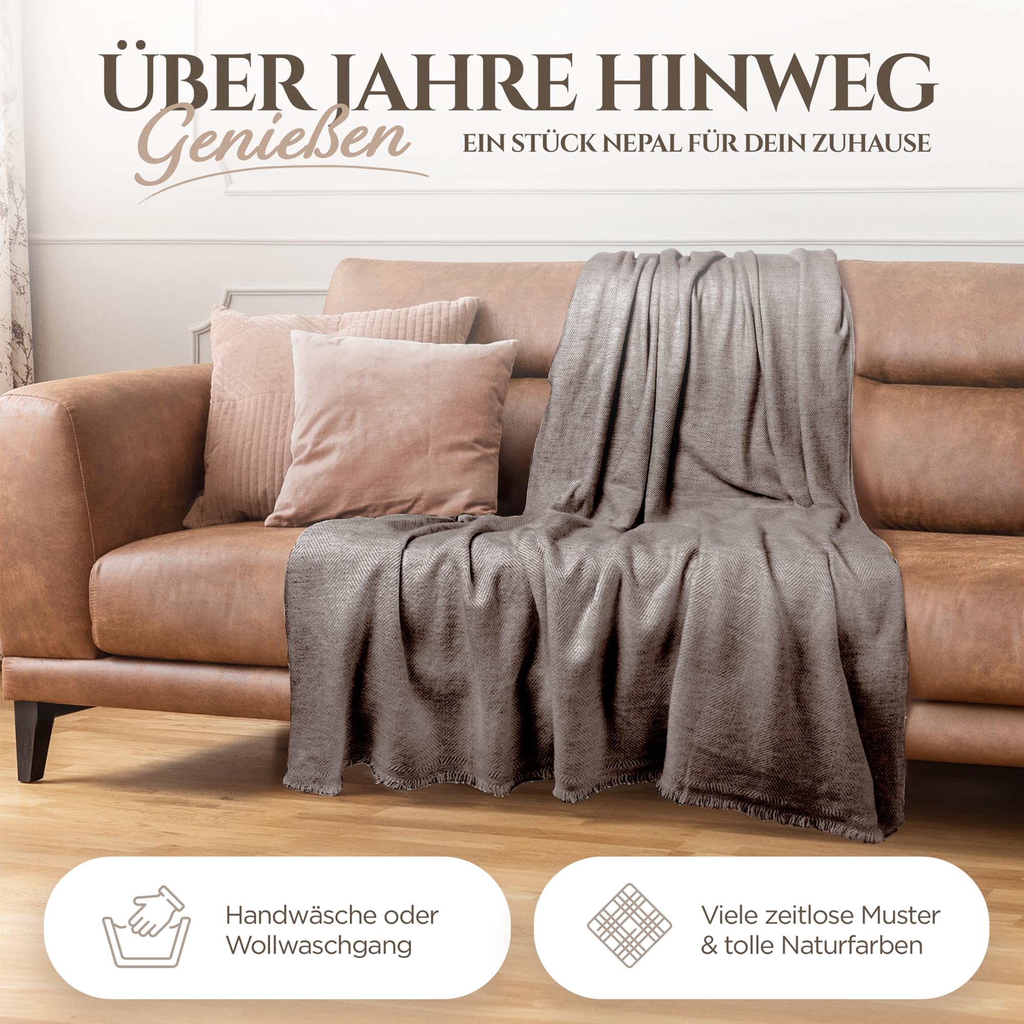 Kaschmirdecke – Handgewebte Sofaüberwurf Decke aus 100% Kaschmirwolle – 135 x 270 cm Weiche und gemütliche Graubraune Kuscheldecke für Couch und Stuhl – Hergestellt in Nepal