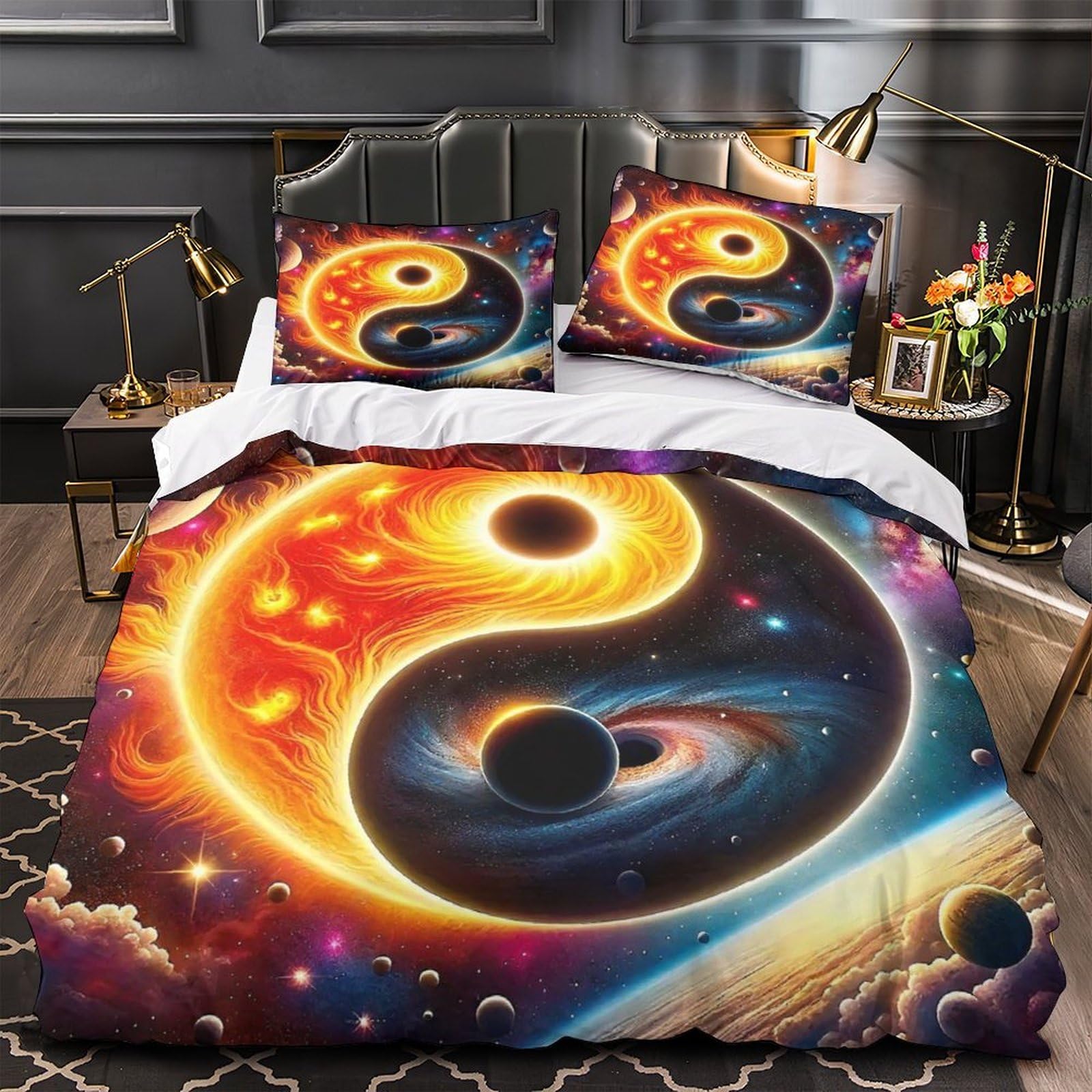 Housse de couette Yin et Yang 260x220 cm avec taies en microfibre pour lit Super King