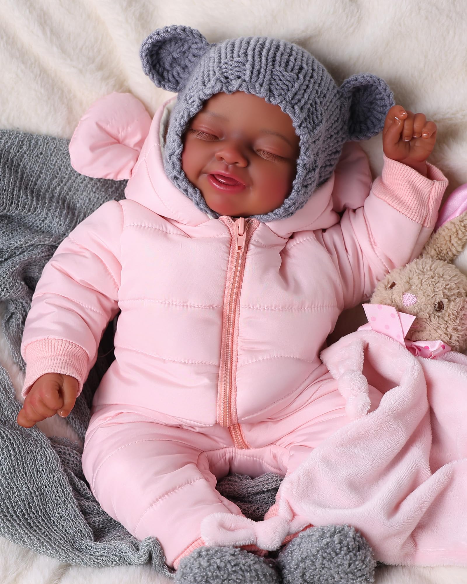 Reborn Baby Dolls Black, 17 Inch Realistic Black Newborn Lifelike Real Life Baby Dolls Poseable Soft Vinyl & Cloth Body with Feeding Kit Gift Box for Kids Ages 3+