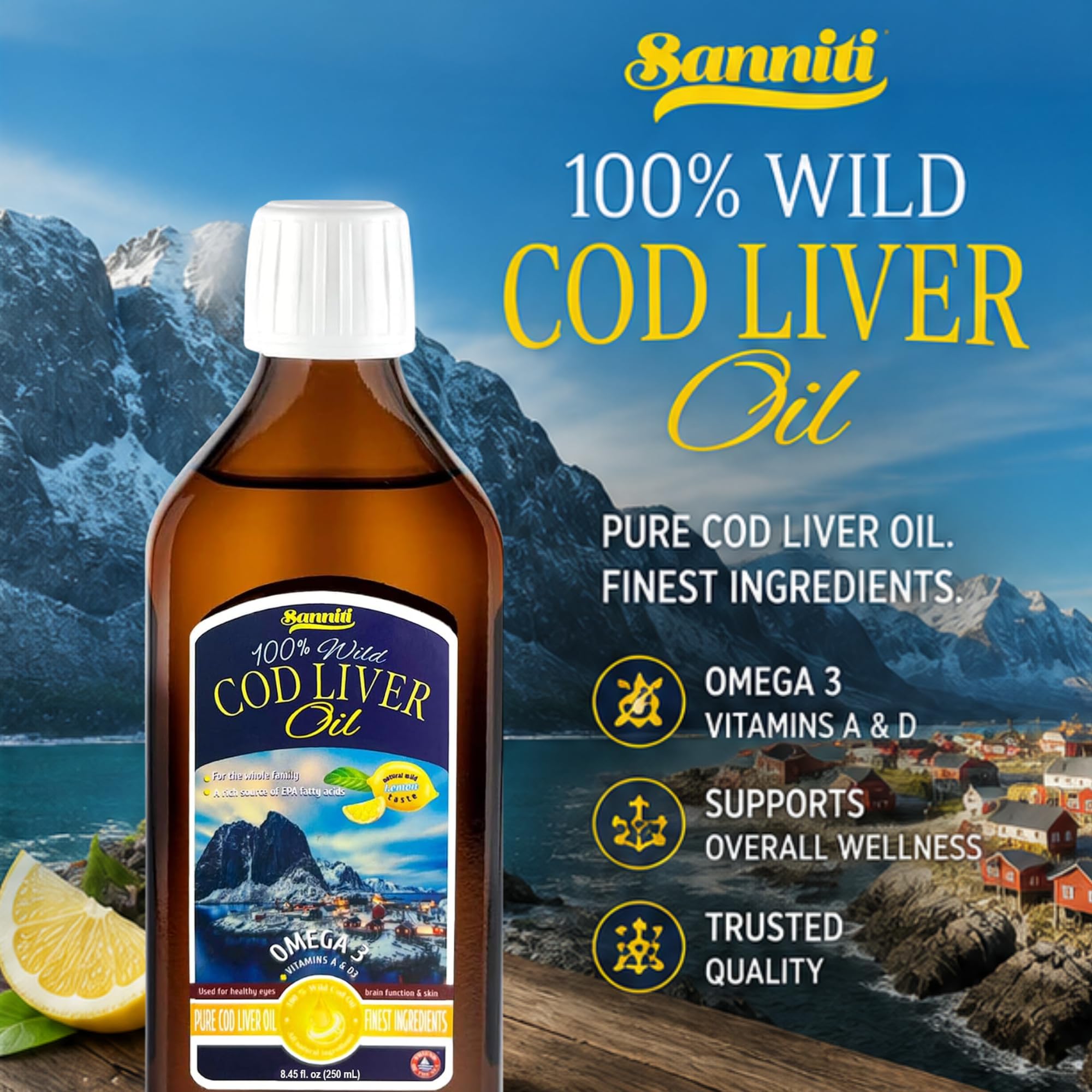 Sanniti 100% Wild Lemon Flavored Cod Liver Oil, 8.4 Fl Oz | Pure Norwegian Cod Liver Oil | Natural Lemon Flavor | Omega-3 Fatty Acids with Vitamins A, D & E | Finest Ingredients — Amazon image 4