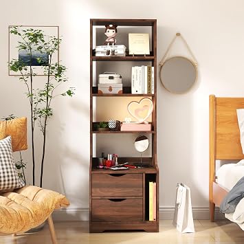 58" Tall Modern Nightstand with Bookshelf Combo | 2 Drawers & Open Shelves | MDF Bedside Table Bookcase for Bedroom & Home Office Storage Walnut