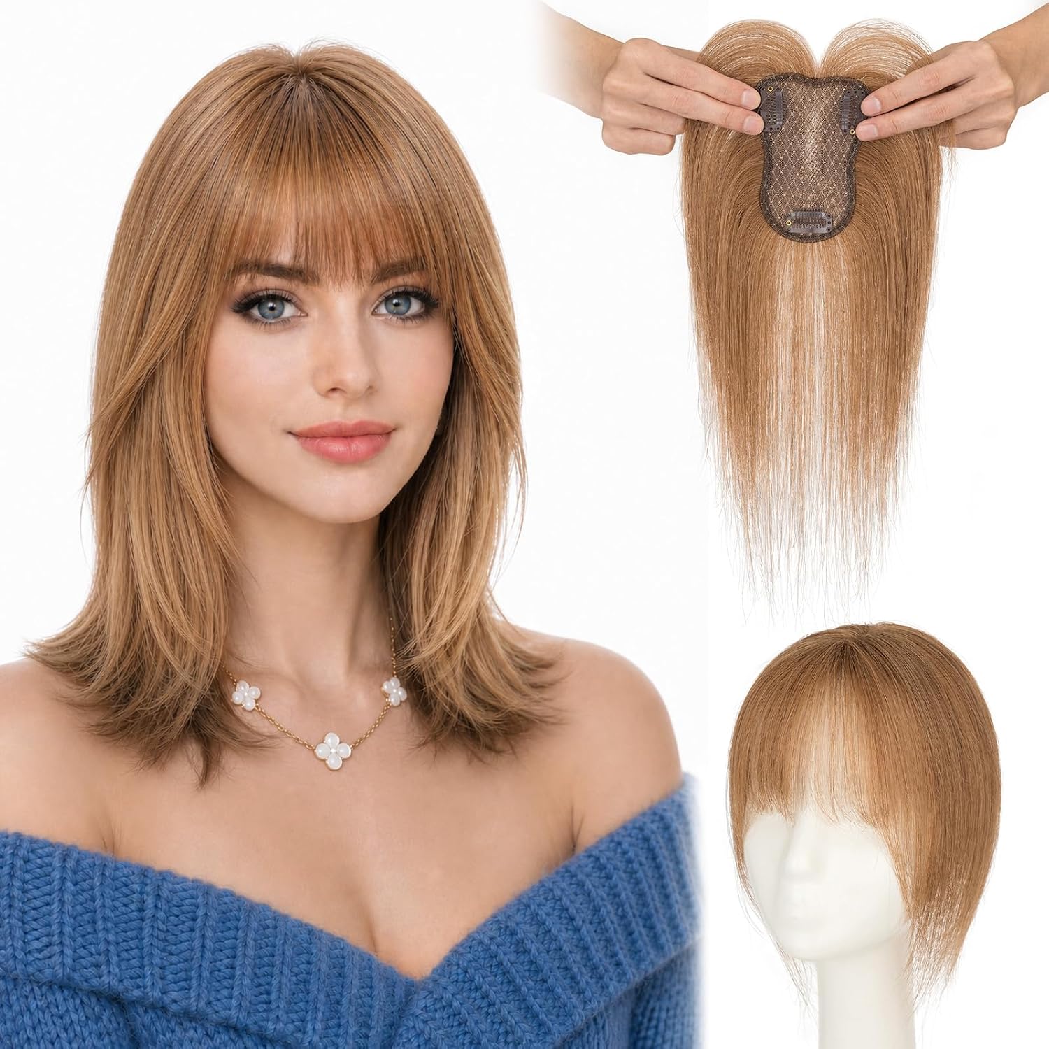 Human Hair Toppers For Women Real Human Hair 360° Cover Air Bangs Toppers Thin Lightweight 3.1"x4.3"Lace Base Short Clip in Hairpieces 10 Inch #06 Light Brown