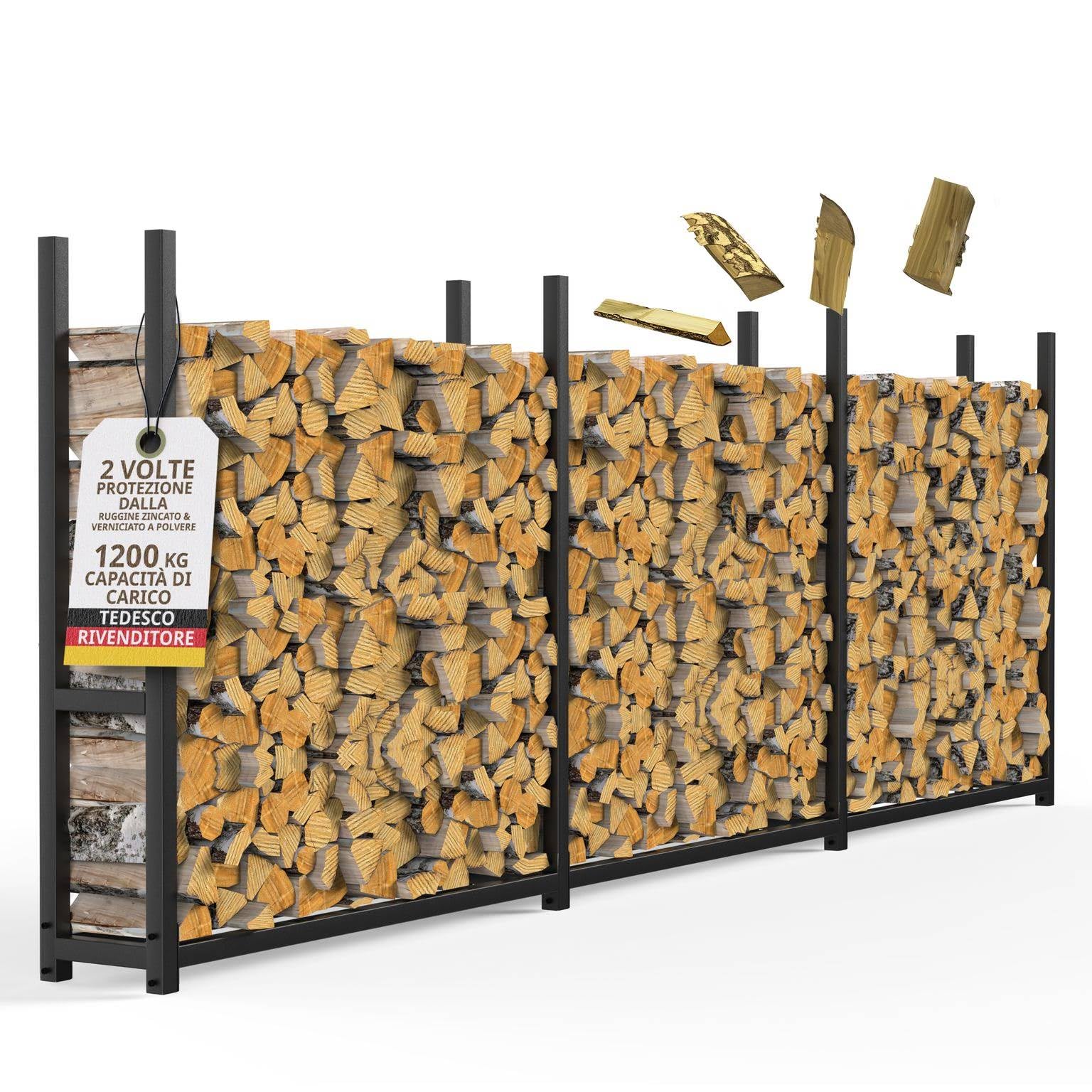 Portalegna da esterno in metallo zincato 335 x 25 x 115 cm legnaia salvaspazio per legna da ardere porta legna per ciocchi da 25 a 33 cm giardino terrazzo XXL nero