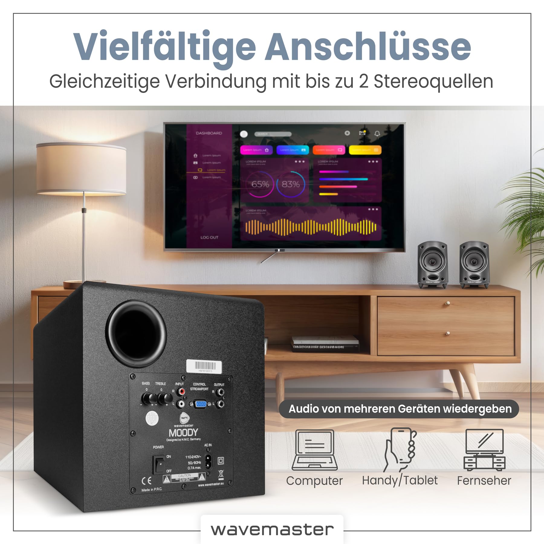 Wavemaster MOODY 2.1 Lautsprecher System (65 Watt) Aktiv-Boxen Nutzung für TV/Tablet/Smartphone/PC schwarz (66202)