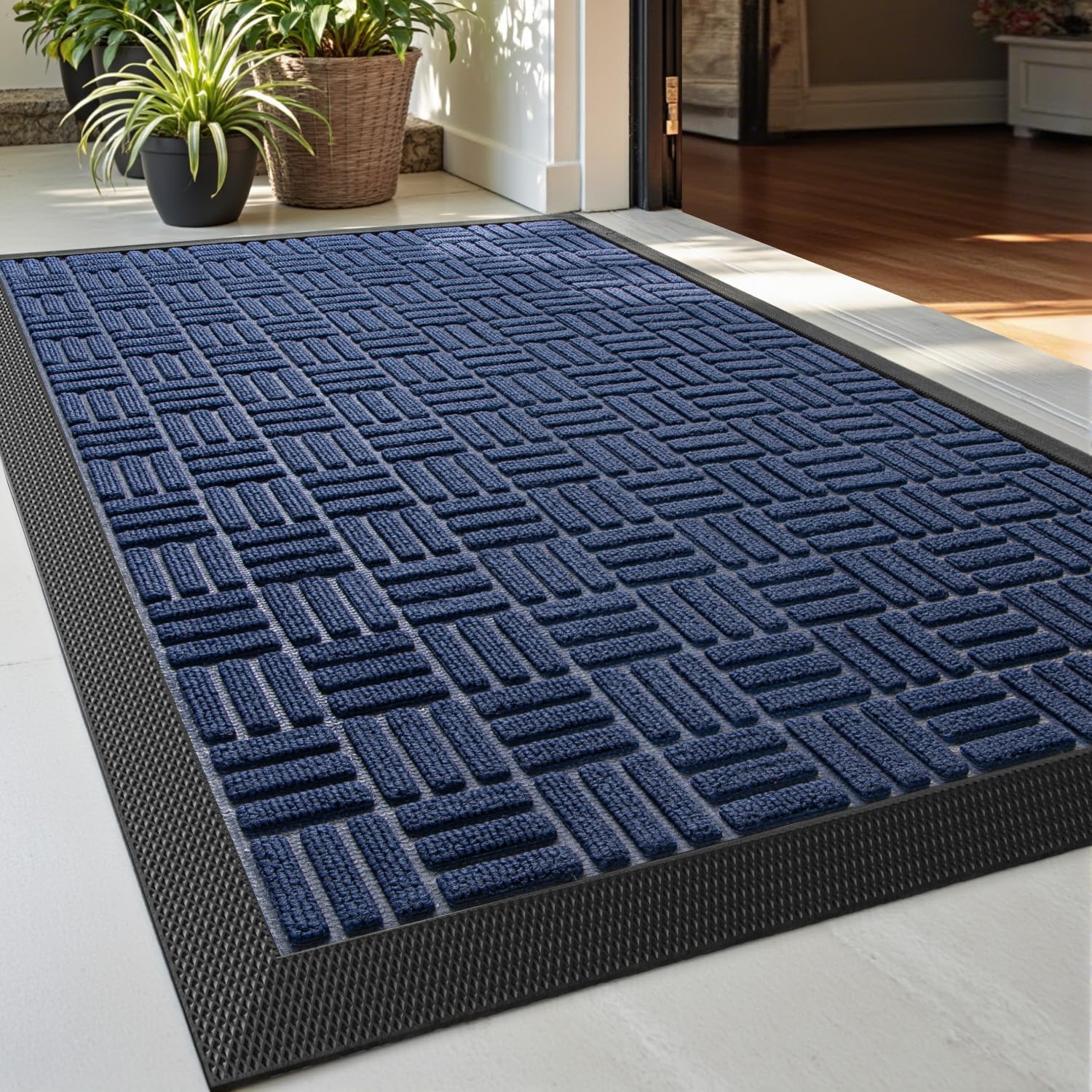 DEXI Front Door Mat Outside Entrance, Rubber Entry Doormat Heavy Duty, Welcome Mats Non Slip for Inside House Floor Entryway Back Doors Exterior Patio, 17x29 Maze Blue