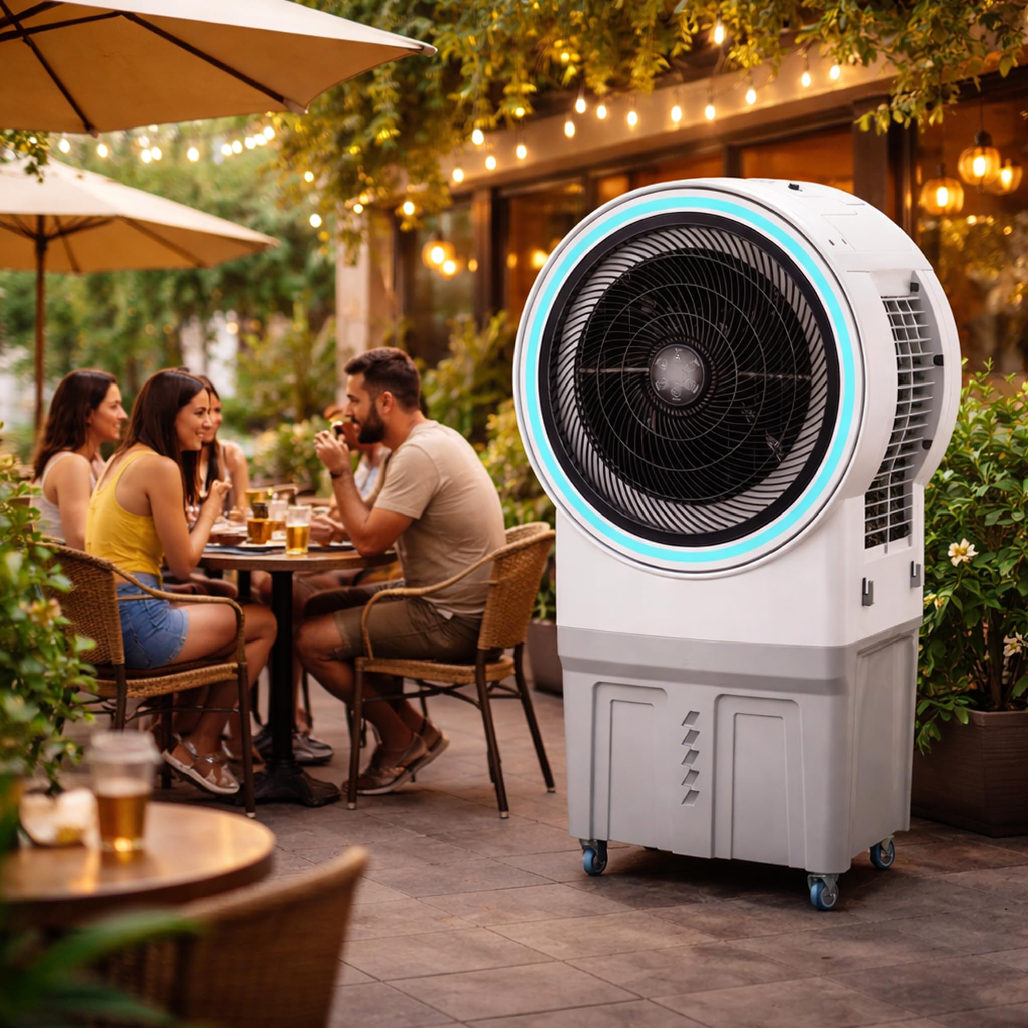 Ventilatore Raffrescatore d’Aria Evaporativo 150W – Tanica 50L con Collegamento Diretto Acqua, LED RGB, Timer e Telecomando, Ideale per Capannoni, Ristoranti, Eventi