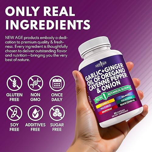 Miniatura 6 de NEW AGE Suplemento de ajo y jengibre, aceite de orégano, pimienta de cayena, guanábana, comino negro, musgo marino, pimienta negra, limpieza de