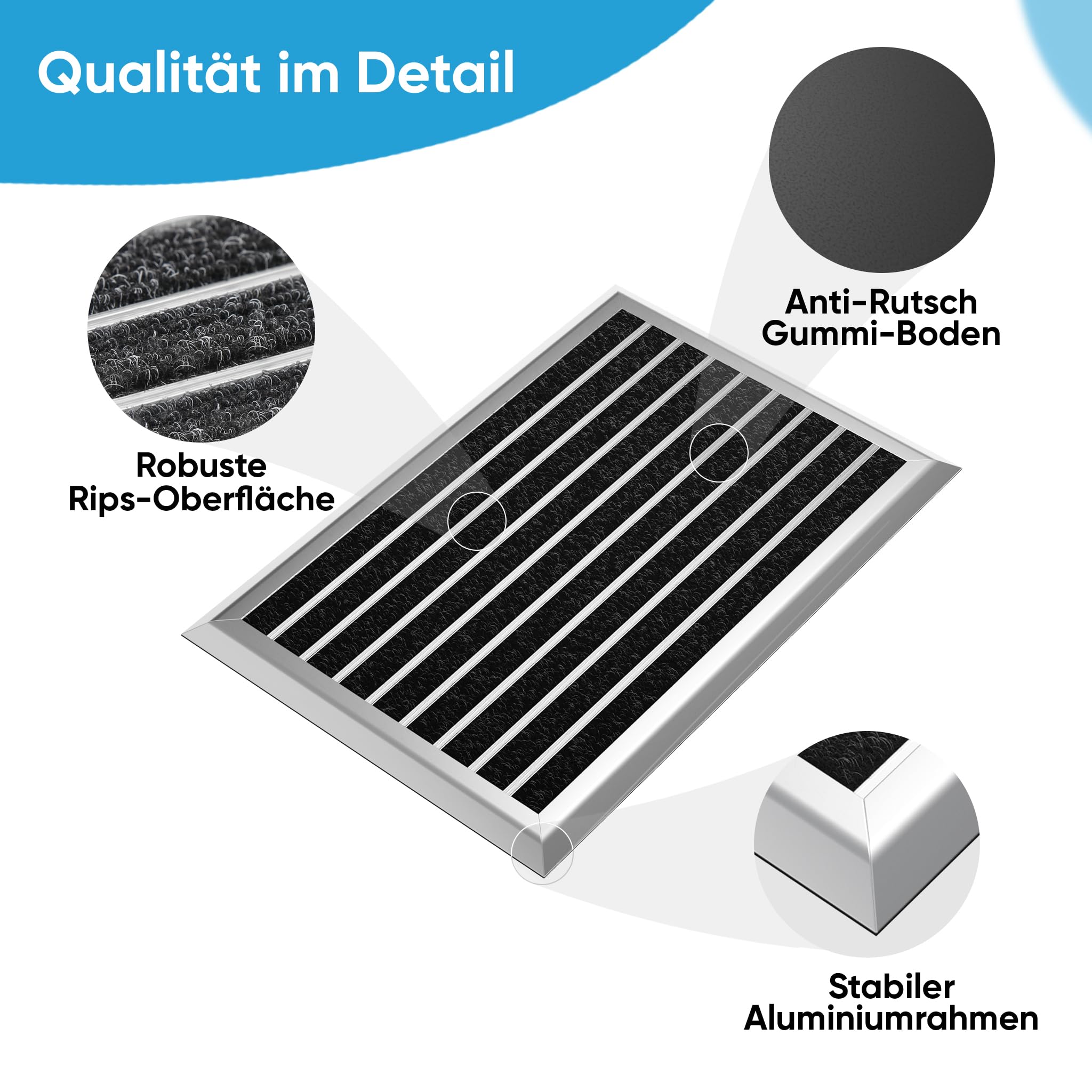 Fußmatte außen grau 80 x 50 cm, Aluminium Fußmatten, Fußabtreter außen, Schmutzfang Alu, Schmutzfangmatte Außenbereich, Fussmatte Aussenbereich, Türmatte außen, Fußabstreifer Hauseingang, Abtreter