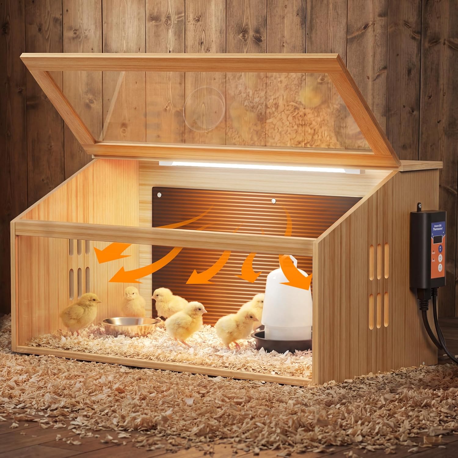 Brooder Box for Chicks Wooden, Chicken Brooder House with Thermostat & Heating Plate,All-in-One Chicken Brooder House w/Poultry Waterer, Adjustable Temp,Holds 30 Chicks Ducks Quails, 31.5"×15.7"×15.7"