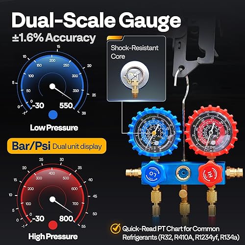 Miniatura 4 de VIVOHOME Bomba de vacío HVAC de una etapa de 110 V 14 HP 3.5CFM y kit de manómetro de colector de CA, motor sin chispas 110 V 14 HP 3.5 CFM Bomba de