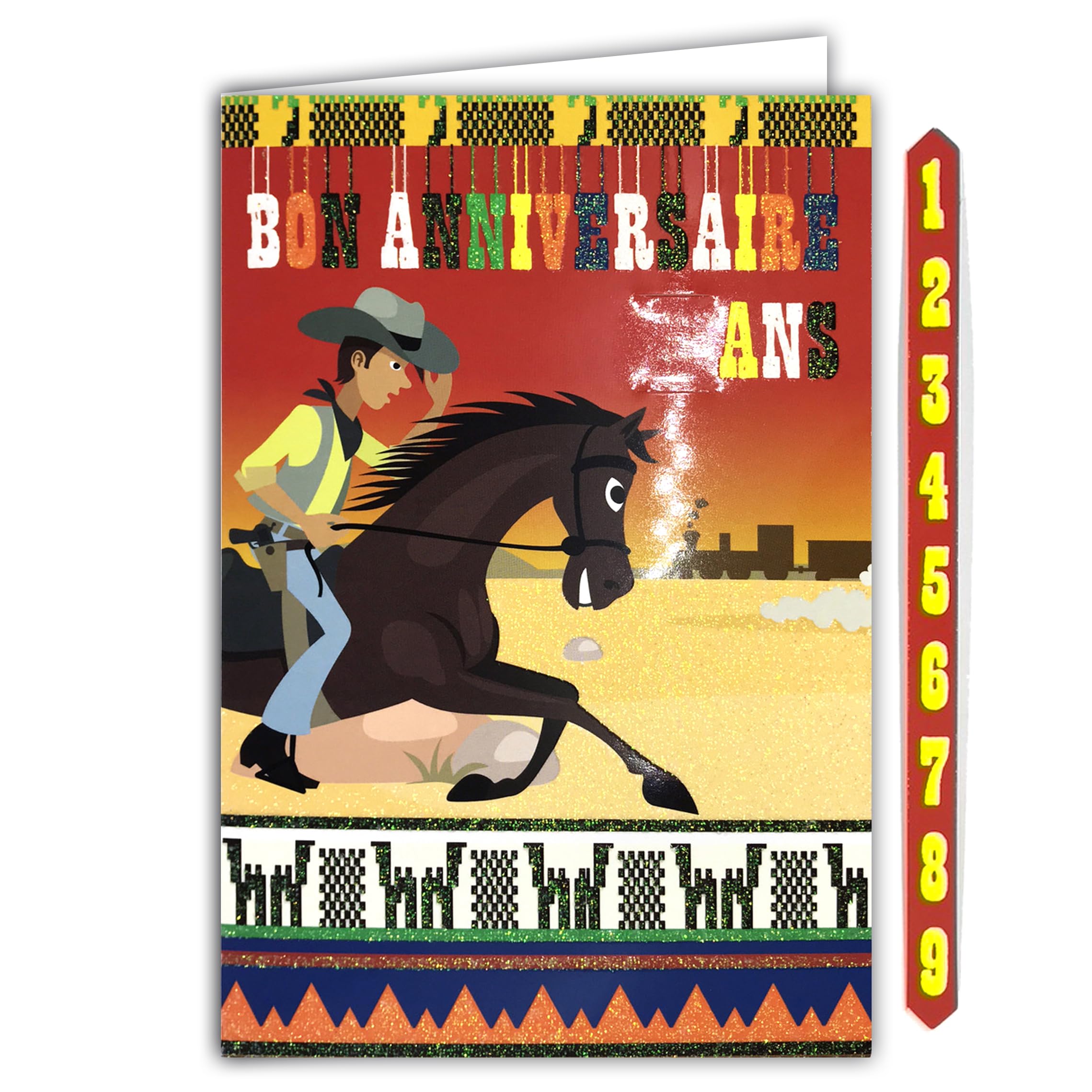 AFIE Glitter Card Happy Birthday 1 2 3 4 5 6 7 8 9 Years Cowboy Lucky Luke Envelope 12 x 17.5 cm Horse Mare Jumper Fast Train Desert Mexican Cactus 67-1068-B