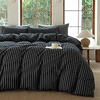 Vista 9 de Juego de funda de edredón a rayas 100% algodón lavado similar al lino suave al tacto transpirable (rayas-beige/blanco, individual)
