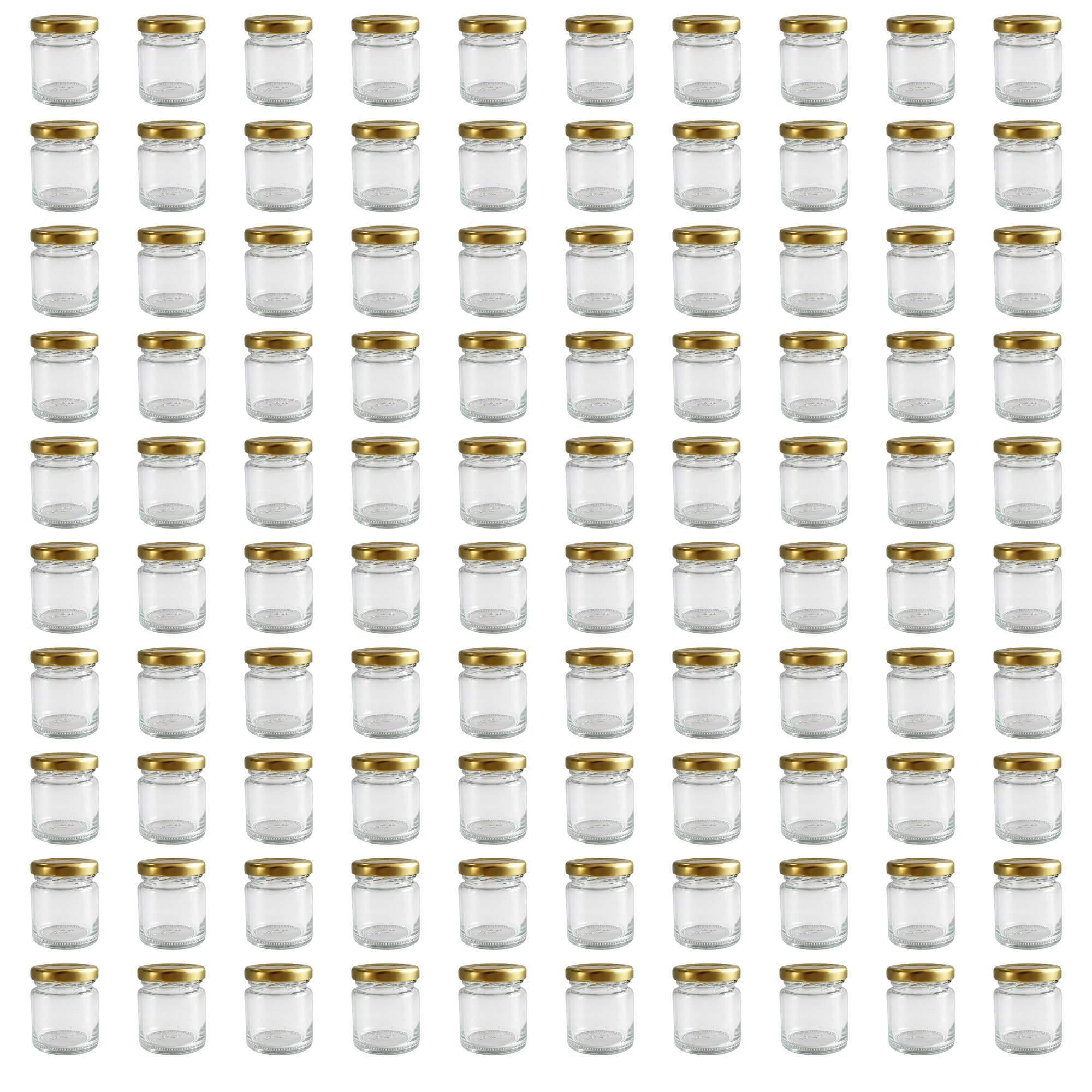 Vitrea 100x Mini Marmeladengläser 50 ml - mit Deckel Gold TO 43 - kleine Einmachgläser zum befüllen mit Schraubdeckel - Schraubgläser - leere Gläser für Marmelade - 100 Stück