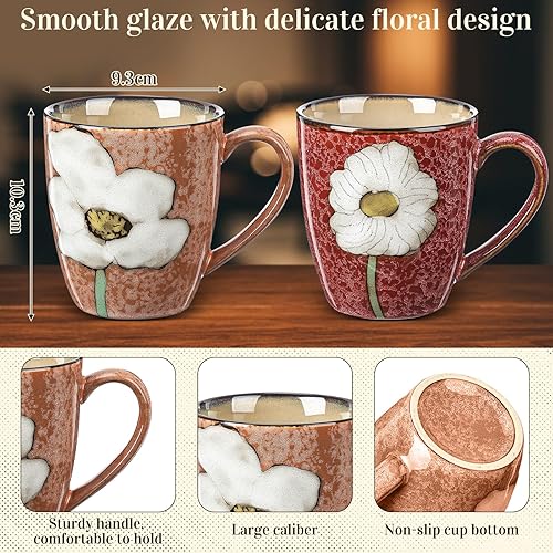 Miniatura 2 de Maxdot Juego de 2 tazas de café de cerámica de 12 onzas, proceso de acristalamiento, taza de té de cerámica floral, taza de té de cerámica para