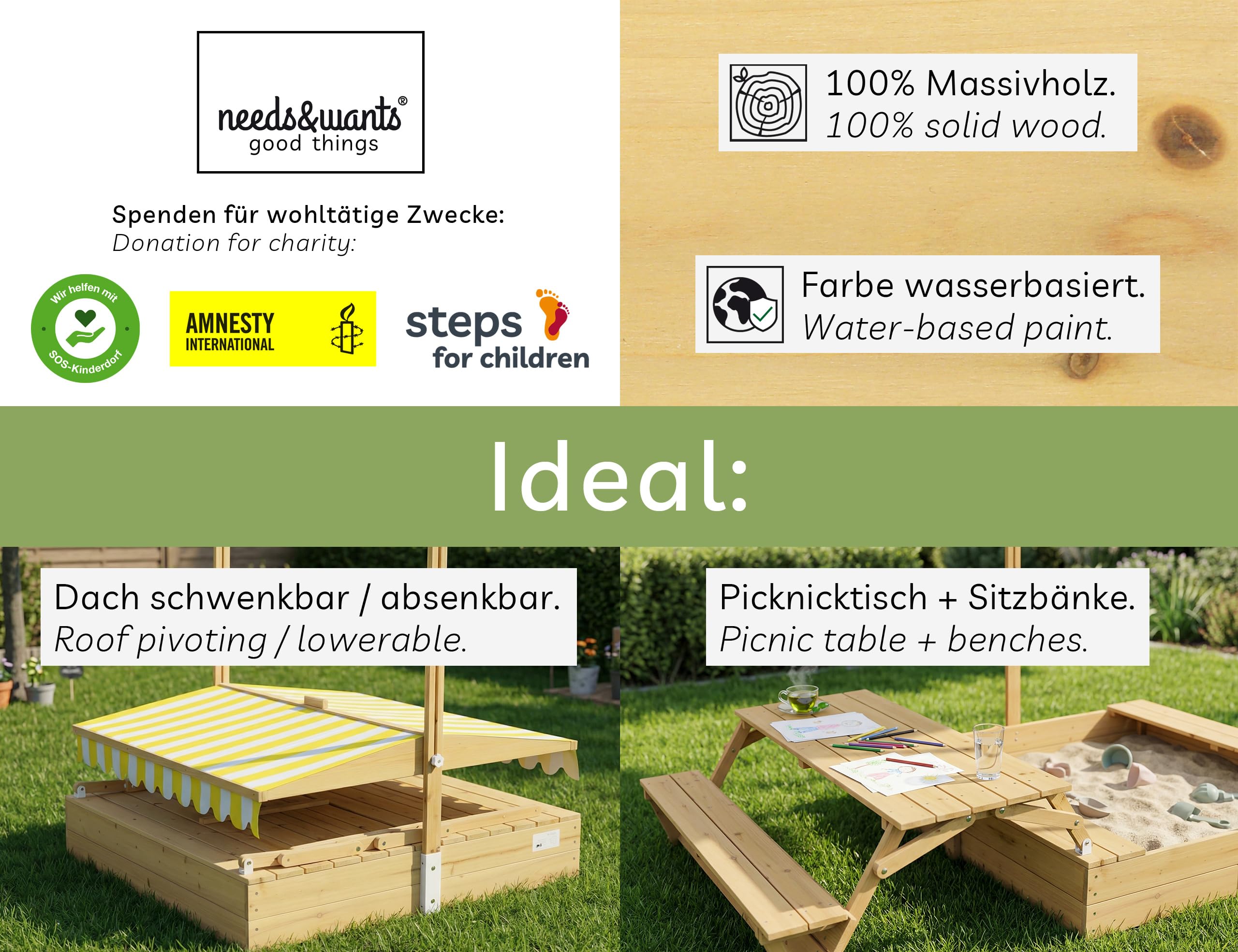 needs&wants® Bac à sable en bois avec table de pique-nique et toit, bancs et couverture, bac à sable pour enfants avec couvercle rabattable, protection UV, bac à sable carré pour jardin et aire de