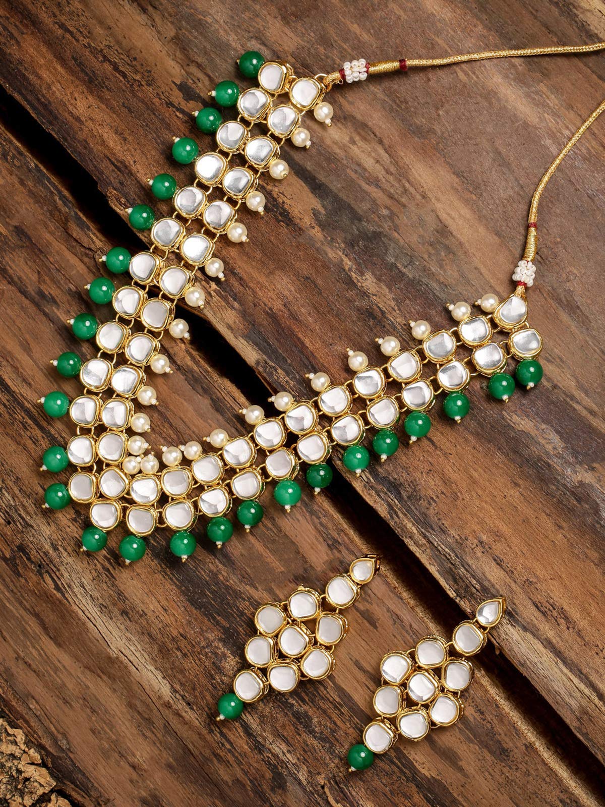 Kundan & Green Beads Necklace Set For Women