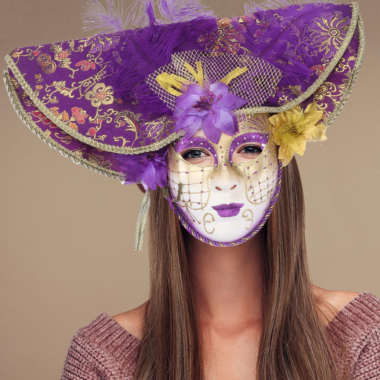 Amosfun Máscara Veneciana de Plástico para Mujer Diseño de Cara Completa y Sombrero Grande, Adecuado para Bailes de Mascarada y Cosplay en Adultos