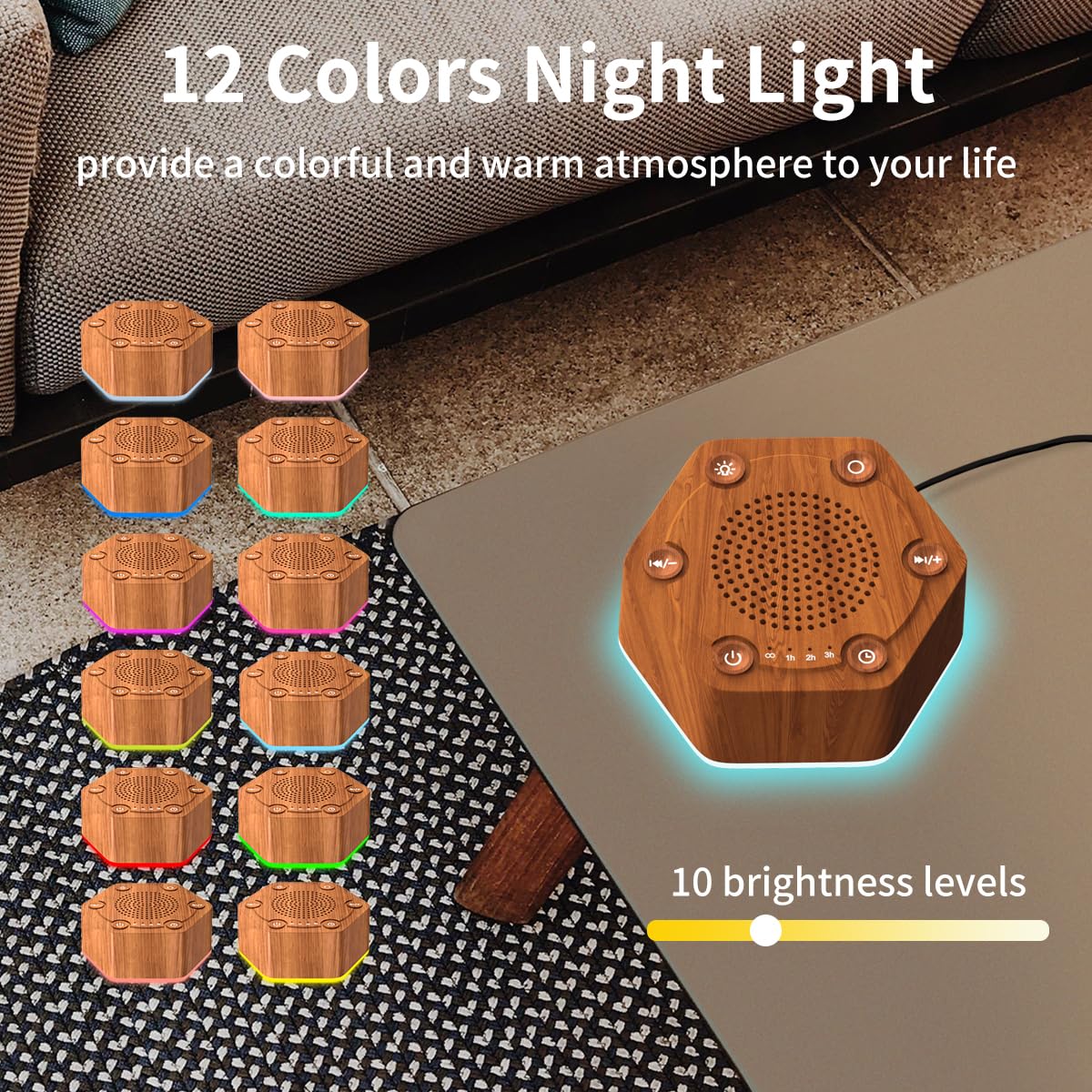 Sound White Noise Machines High Fidelity 30 unikalnych niezapętlających się dźwięków kojących 12 kolorów lampka nocna 4 timery 10-stopniowa jasność 32-poziomowa głośność i funkcja pamięci