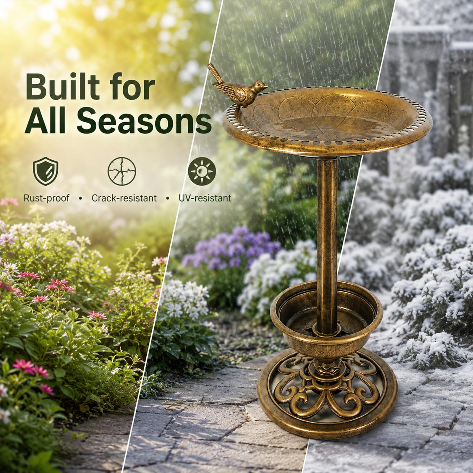 Wassertränke für Vögel, Antike Messing-Optik, Vogeltränke Garten mit Ständer, Vogelbad Stehend, Outdoor, für Terrasse, Hof und Rasen