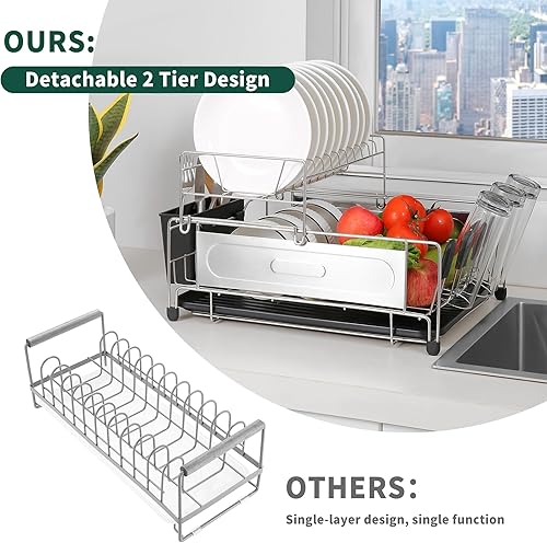 Miniatura 3 de supernal Escurridor de platos de 2 niveles extra grande y bandeja de acero inoxidable 304, escurridor de platos para encimera de cocina, escurridor