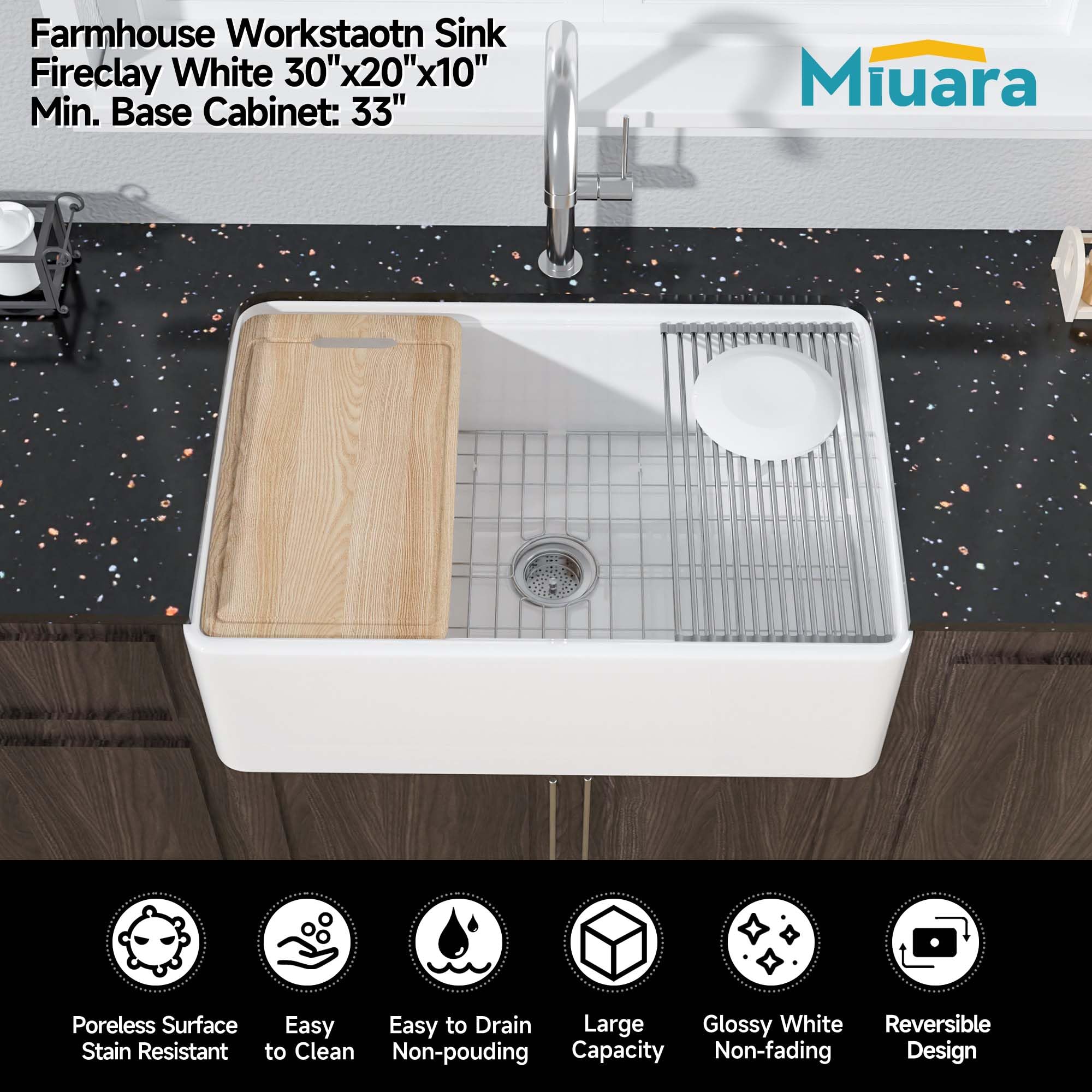 Miuara Farmhouse Spüle 76,2 Cm – Einzelbecken Aus Schamotte, Weiß Glänzend, Mit Schneidebrett