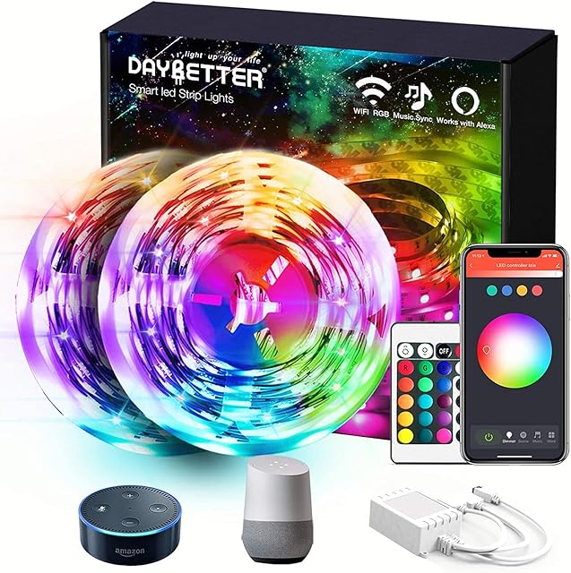 DAYBETTER 50ft Led Strip Lights with Tuya WiFi App Control for Bedroom Home Decoration Work with Alexa and Google Assistant(2 Rolls of 25ft)