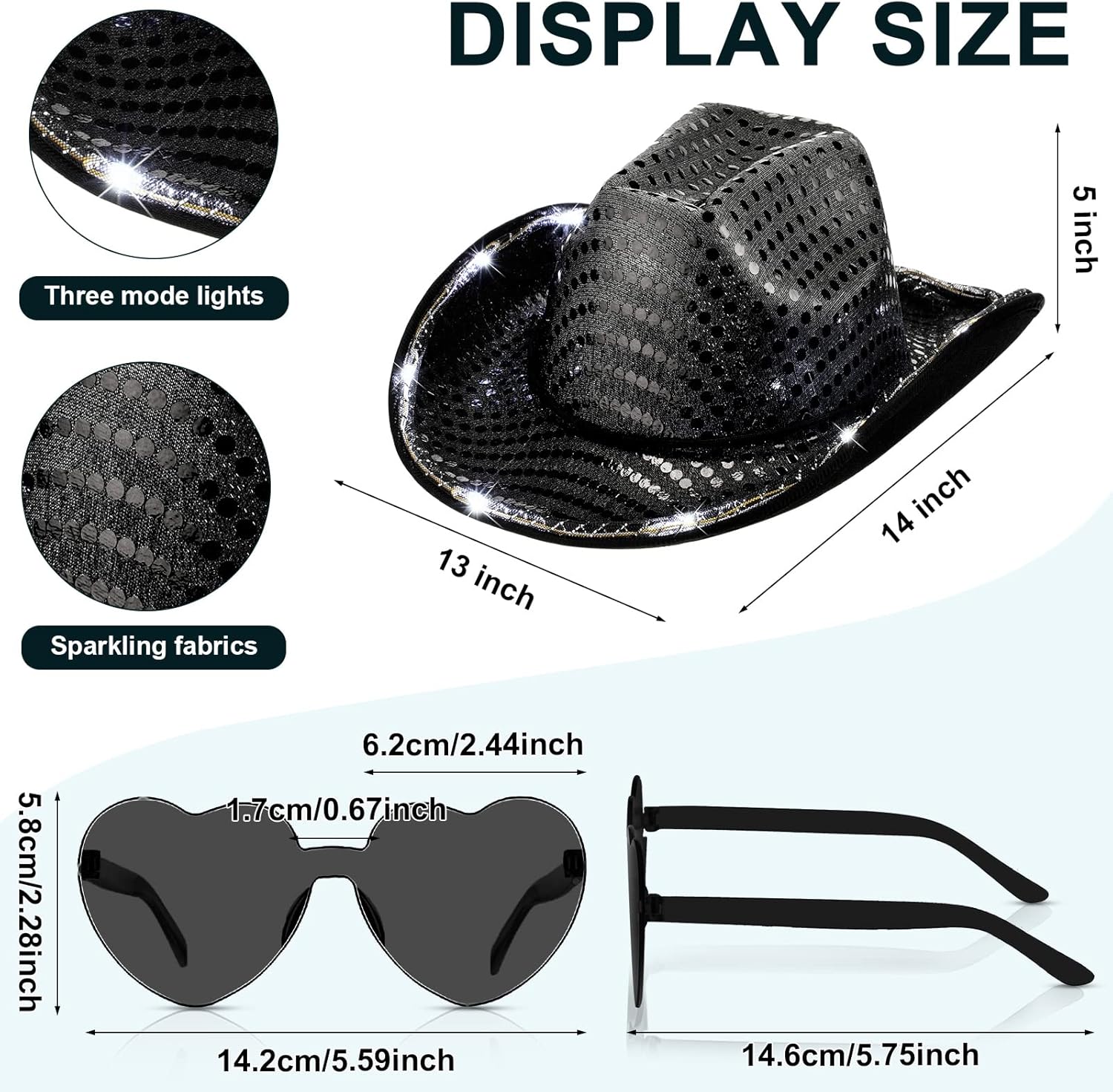 Zhanmai 6 Set LED Cowboy Hat Light Up Glitter Cowboy Hat with Sunglasses Sequin Space Cowgirl Hat for Women Men Costume