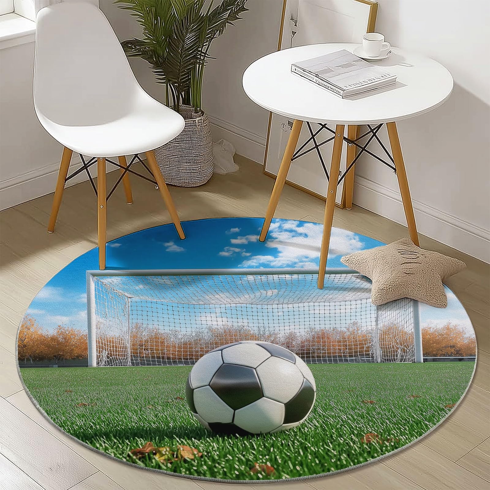 Generisch Teppiche Runde Waschbarer Sport Gras Fußball Thema, Grün Muster Rutschfester Runder Teppich für Schlafzimmer Kinderzimmer Büro Korridor, Pflegeleicht Runde Teppich 150 cm