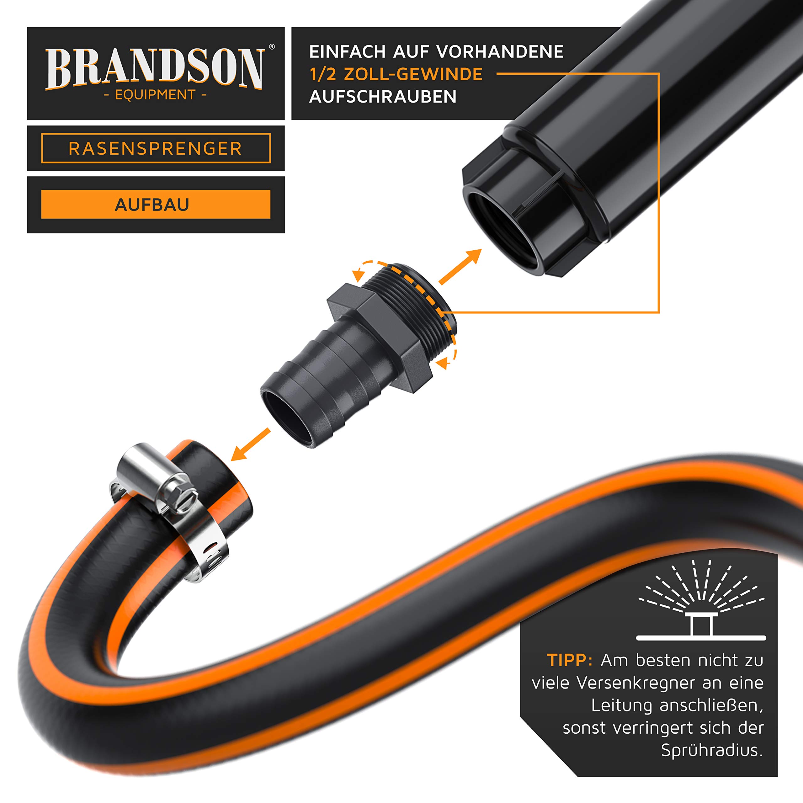 Brandson - 4X Set Versenkregner Viereck - Rasensprinkler – Pop-up Bewässerungssystem für kleine Rasenflächen bis 25 m² - Rasensprenger versenkbar - Rasensprenger Sprühregner