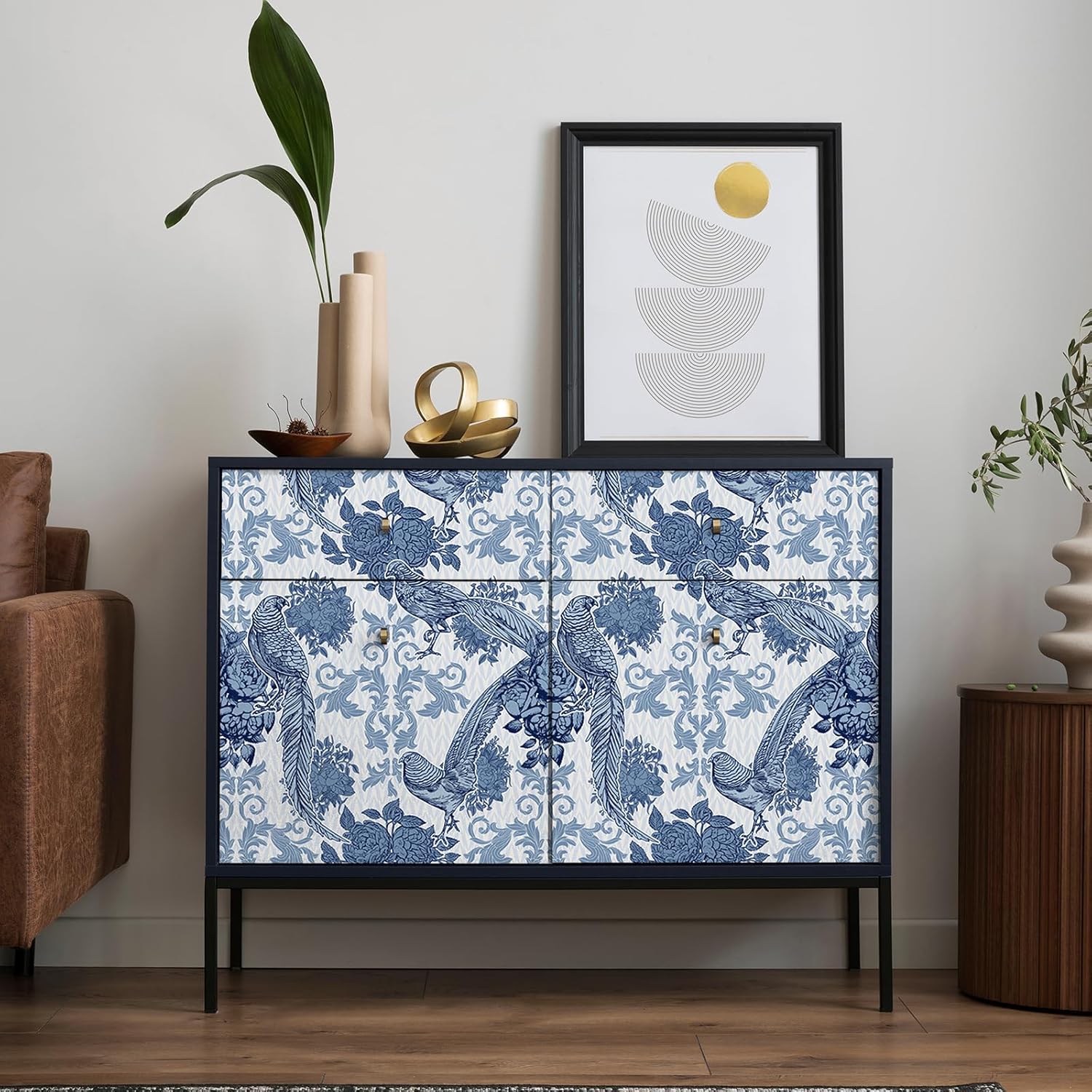 VaryStyle Antique Birds Floral Peel and Stick Wallpaper Boho Vintage Navy Blue Pheasant Floral Wallpaper for Bathroom Bedroom 17.7"x118" Removable Self Adhesive Boho Contact Paper for Cabinets Walls