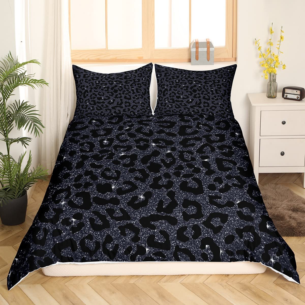 Juego de funda de edredón con estampado de leopardo, juego de ropa de cama con estampado de guepardo con purpurina para niños y niñas, decoración de animales salvajes, juego de funda de edredón geomé