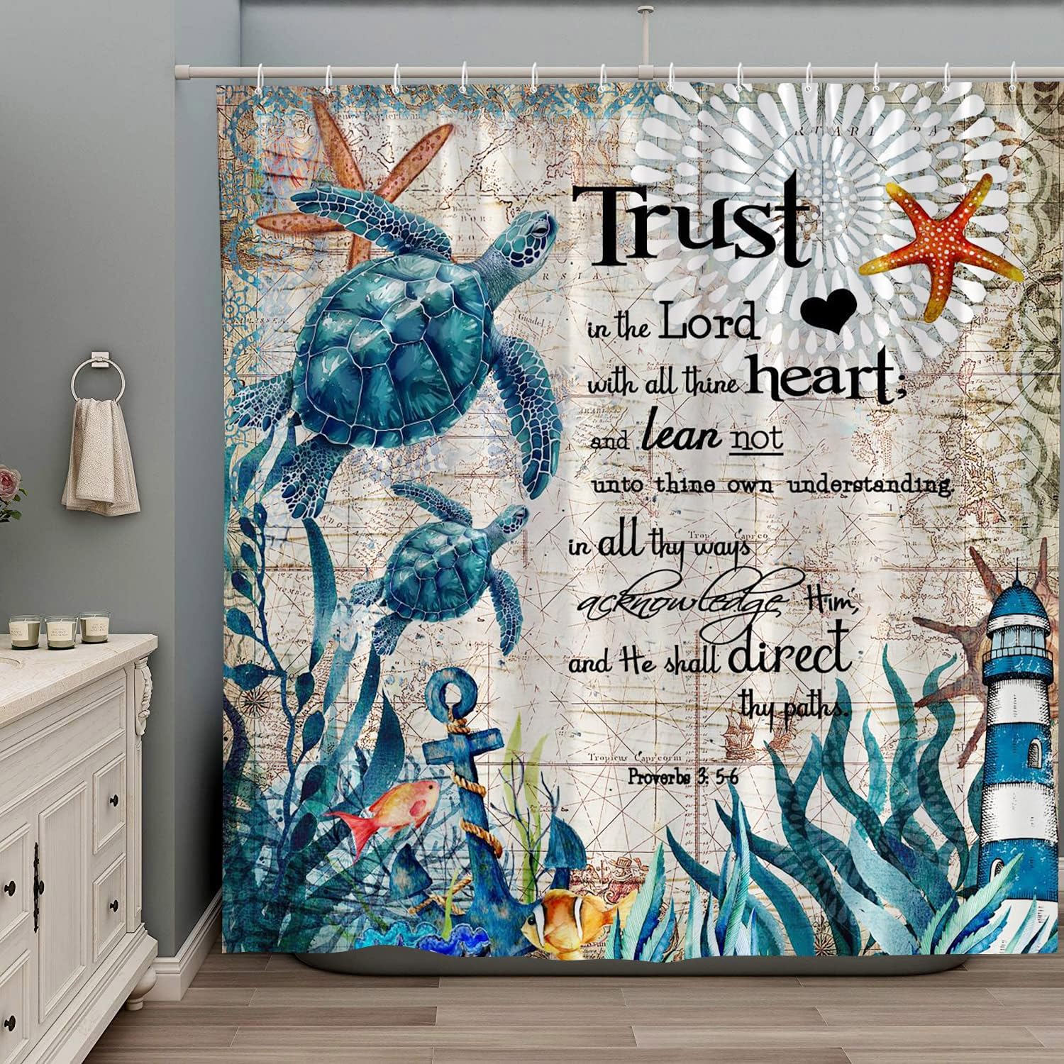 Green Sea Turtle Shower Curtain Marine Life Inspirational Quote Motivational Word Ocean Beach Coral Reef Vintage Nautical Map Funny Bathroom Decor Set Fabric with Hooks 106Wx70H Inch