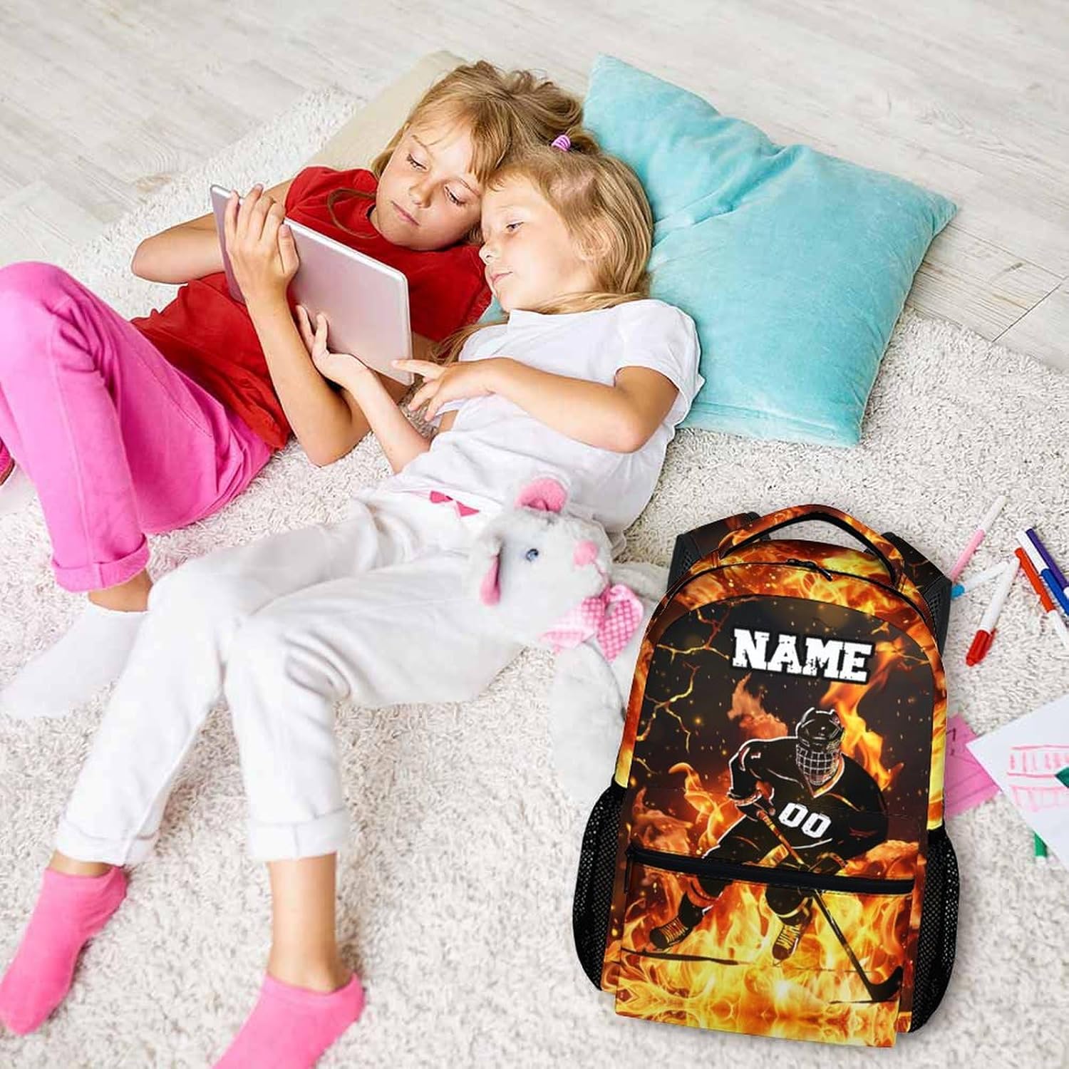 Personalized Boys Backpack, Custom Ice Hockey Player Backpacks with Name for Kids Students Sport Lovers, 17 Inches Lightweight Large Capacity Bookbag for Travel