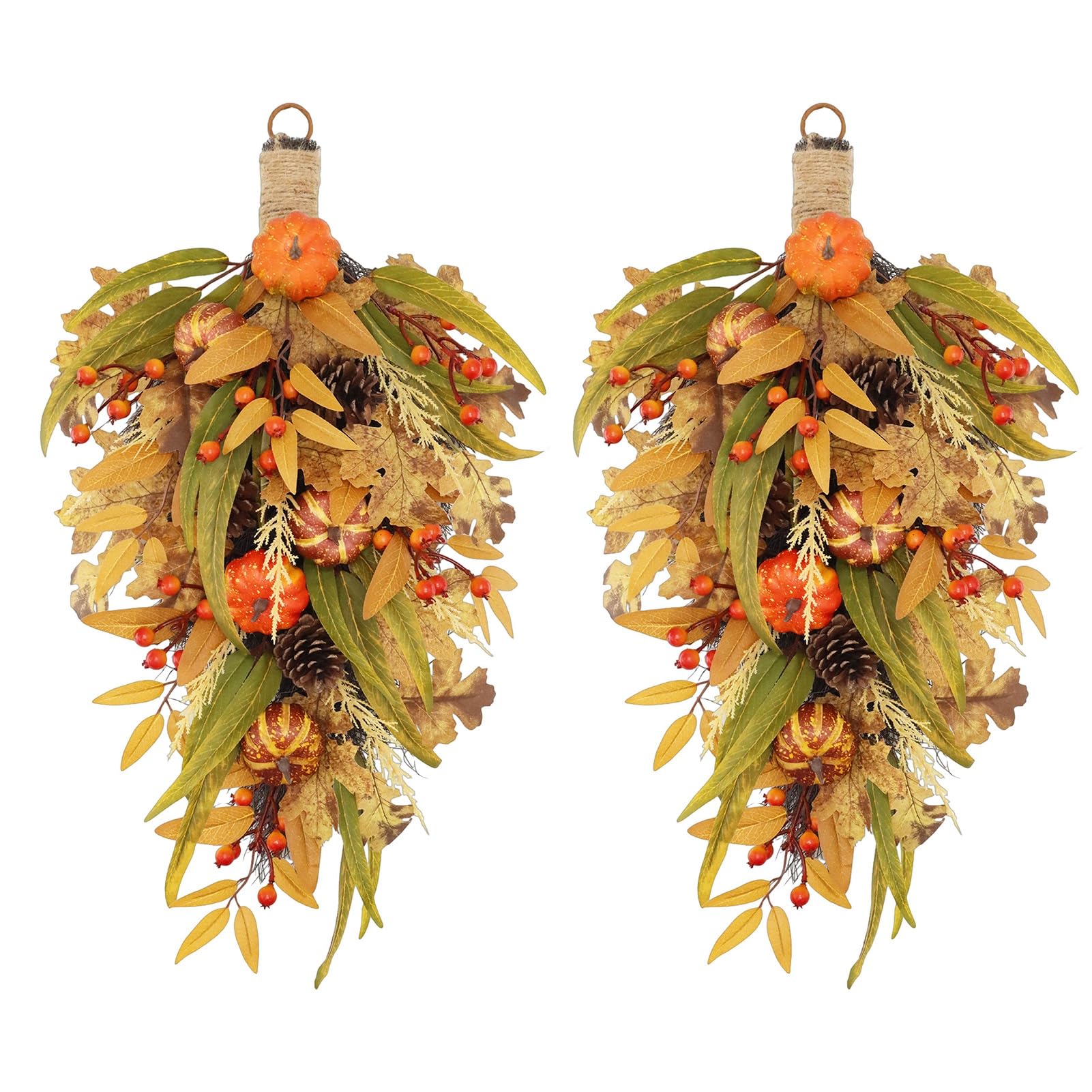 Autumn Door Swag 70cm Fall Teardrop Wreath with Faux Pumpkins Berries Pinecones Realistic Artificial Harvest Decoration for Front Porch Home Wall Thanksgiving 2pcs