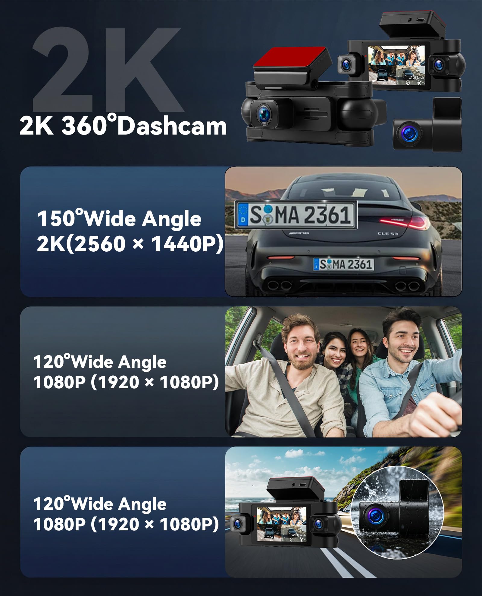 SIXWIN 360° Dashcam 2K con Pantalla de 3", Cámara para Auto con 2K + 3 x 1080P, Visión Nocturna, WiFi, Control por App, GPS, Sensor G, Estacionamiento 24/7, Grabación en Bucle, Universal