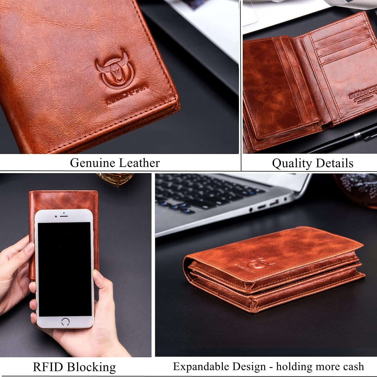 BULLCAPTAIN Large Capacity Genuine Leather Bifold Wallet/Credit Card Holder for Men with 15 Card Slots QB-027
