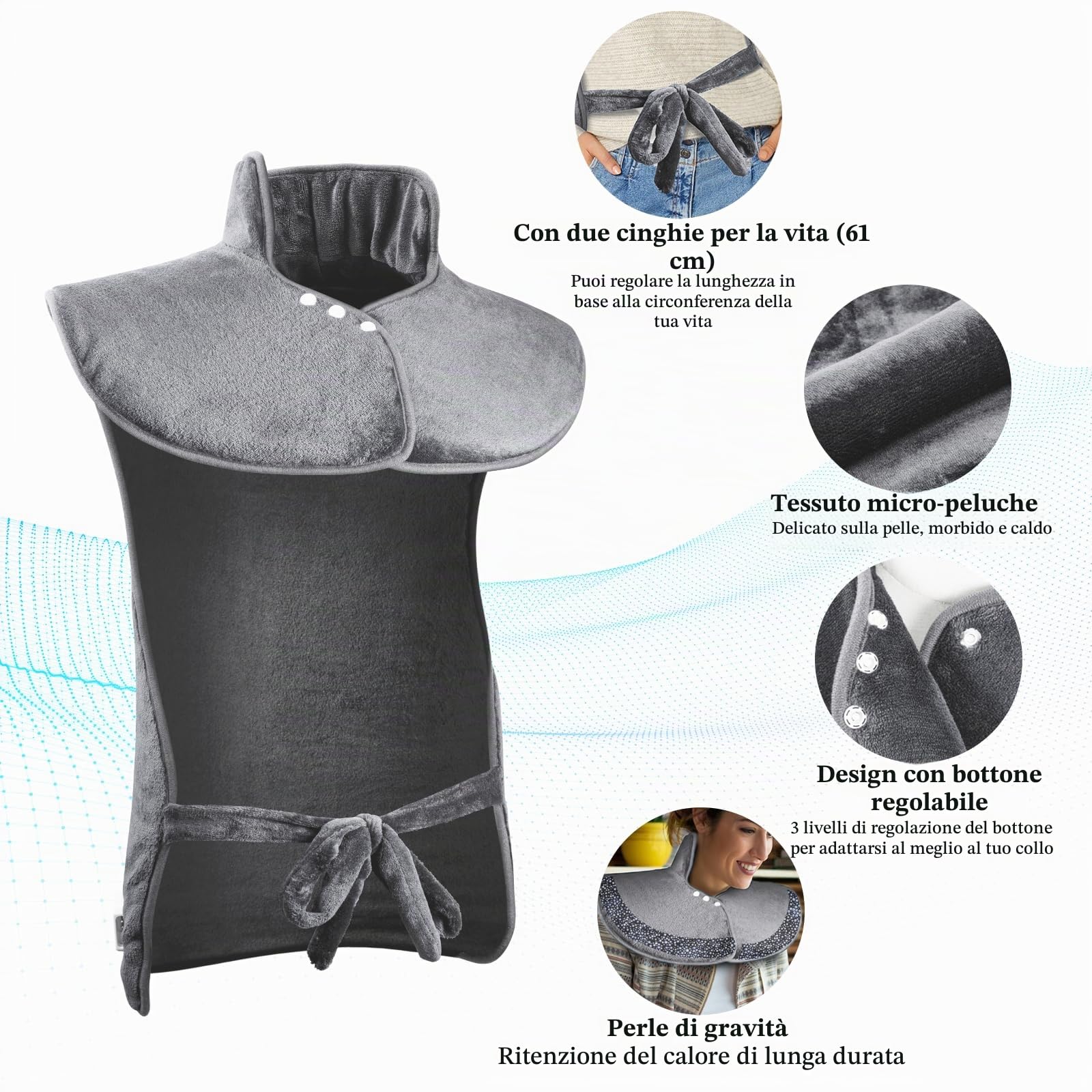 Termoforo elettrico 60x100 cm per schiena, spalle e collo. Funzione di spegnimento automatico, 10 livelli di calore e 9 timer. Lavabile in lavatrice a 40°C.