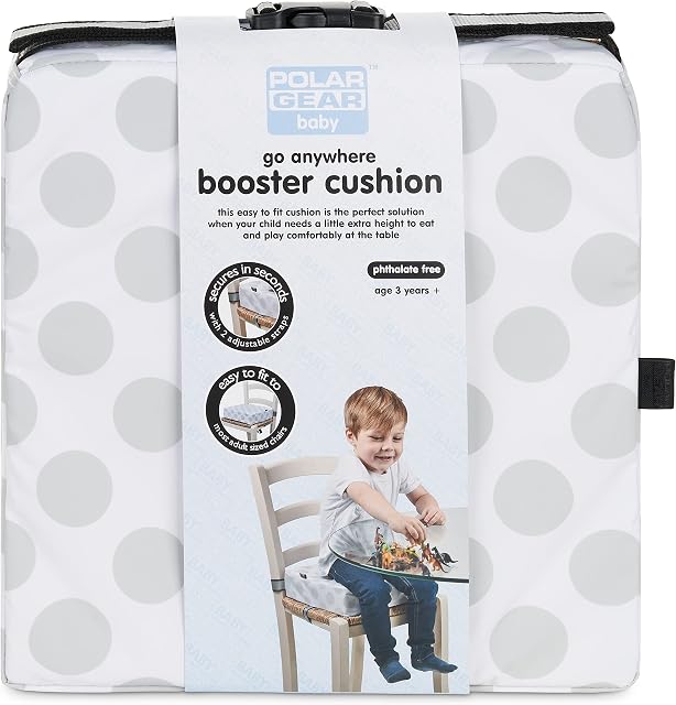 Polar Gear Baby Booster Cushion  Lightweight Transportable Seat for Children 3 Years+  Easy to Clean Wipe Down Cover, Adjustable Straps  8cm Thick Foam Cushion for Dining Chairs  Unisex Polka Dot