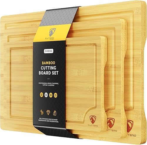 Juego de 3 tablas de cortar para cocina, tablas de cortar de bambú, tablas de cortar con ranuras para jugos, tabla de cortar gruesa para carne,