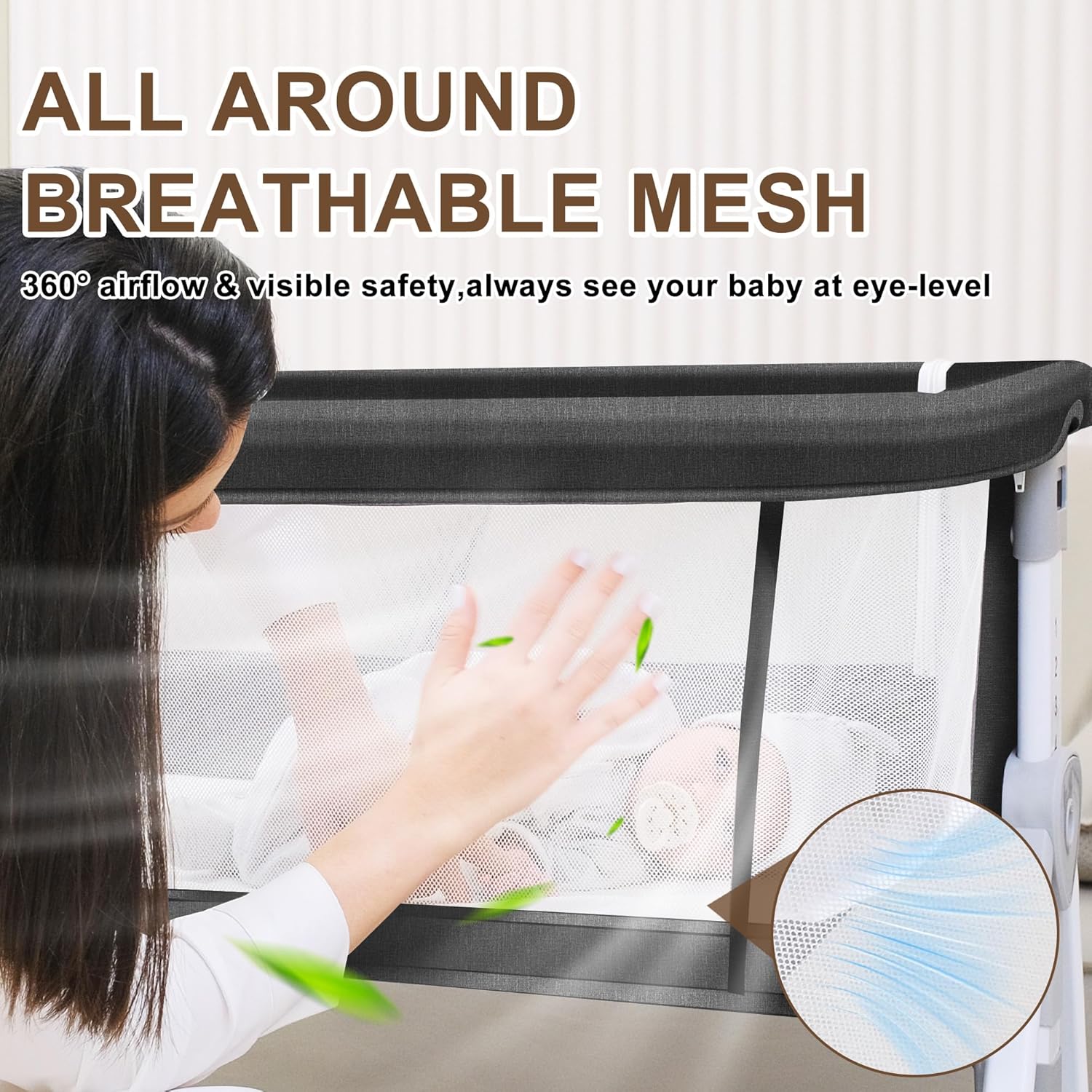 Baby Bassinet Bedside Sleeper - Safety Bassinets with Crib Sheet, Soft Mattress, Adjustable Height Bedside Bassinet for Baby with Wheels, Black