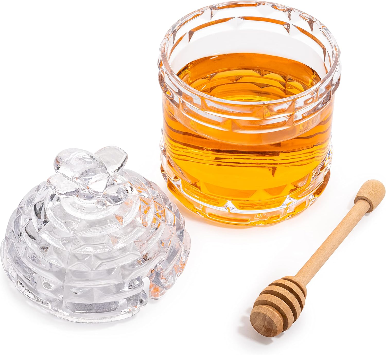 Crystal Bee Honey Dish Jar with Dipper and Lid – Elegant Glass Beehive Honey Pot for Rosh Hashanah, Holidays, Kitchen Table, Jam, Jelly, Syrup, 14oz Honey Server Gift, Gorgeous Bee Decor Gifts
