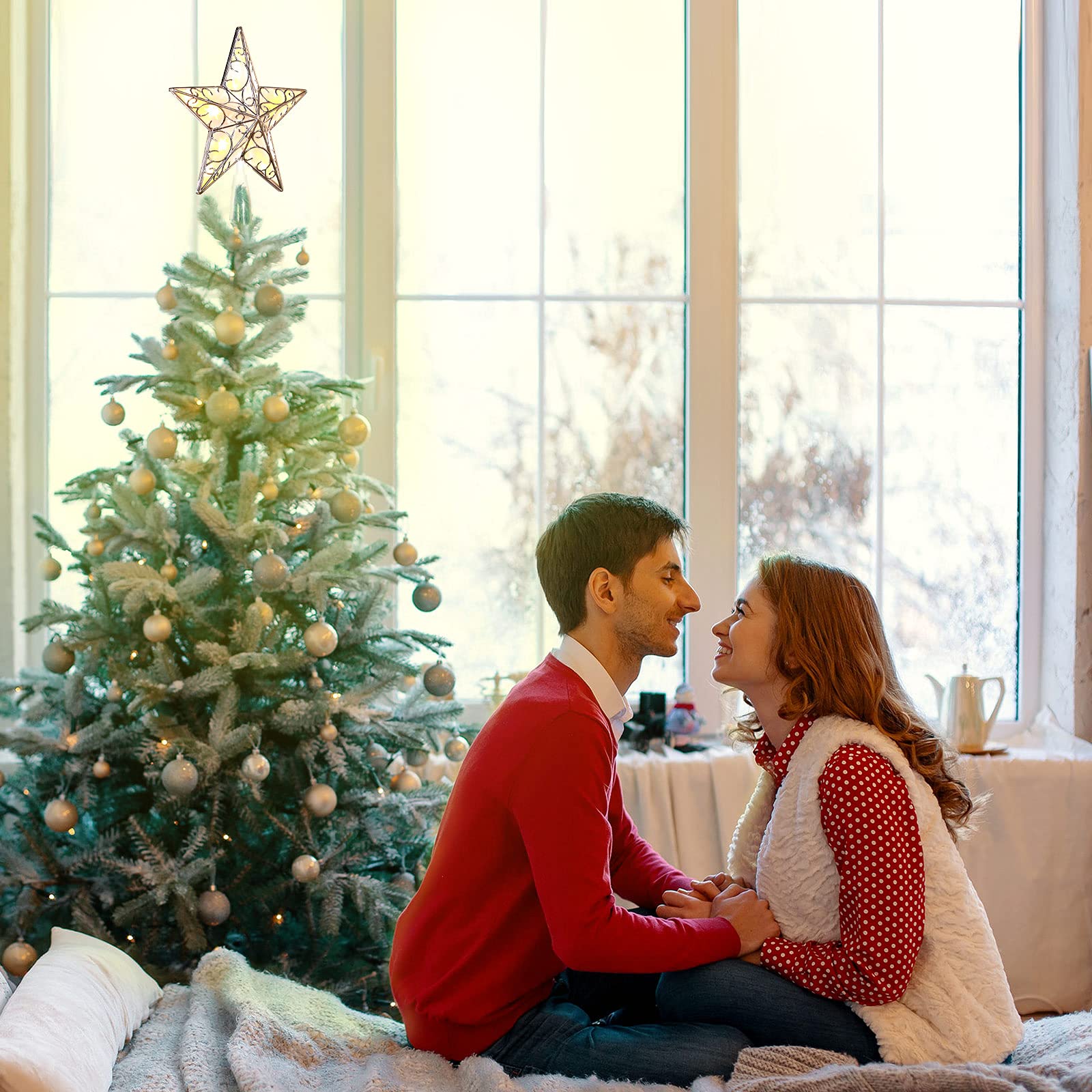 Étoile à paillettes pour sapin de Noël avec 10 lumières LED et réflecteur en forme d'étoile pour sapin de Noël Argenté