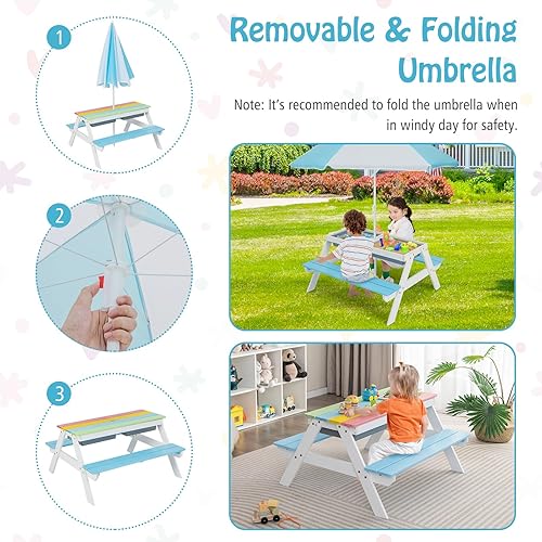 Miniatura 5 de HONEY JOY Mesa de picnic para niños, mesa de madera de cedro 4 en 1 para arena y agua con 2 cajas extraíbles y paraguas, mesas de picnic para niños