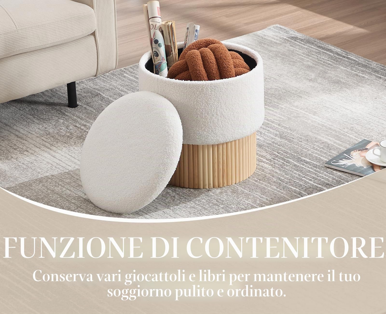 chairus Pouf Contenitore da Salotto in Pelliccia Sintetica, Bianco | Piccolo Poggiapiedi con Contenitore Sgabello Poggiapiedi con Seduta Imbottita e Ottomana Base in Doghe di Legno