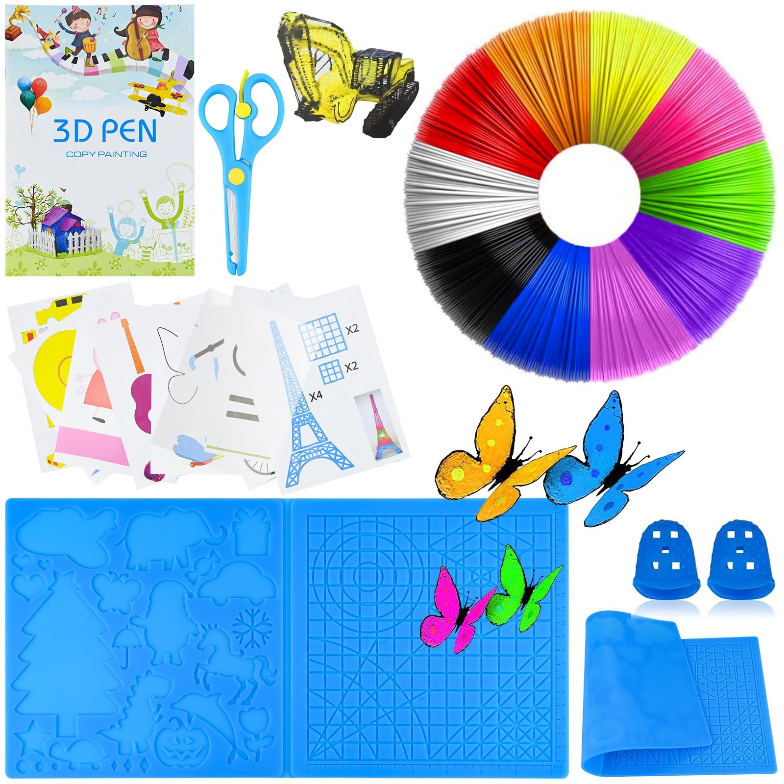 Set di accessori per penna 3D, filamento 3D, PLA 10, colore 1,75 mm ogni 5 m, pennino 3D, cuscinetto in silicone grande 41,2 x 20,3 cm, con 2 protezioni per le dita e forbici, accessori 3D per bambini