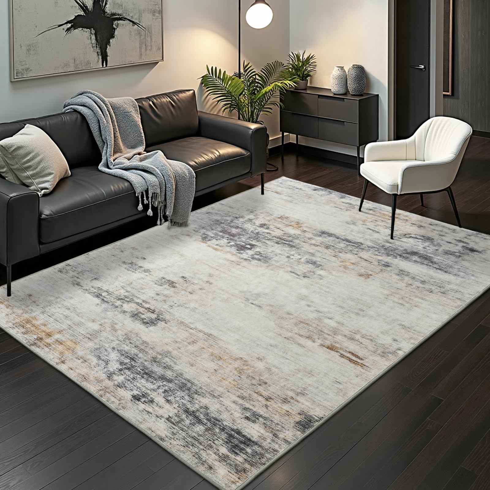 Toneed Abstract Area Rug 5x7 Modern Washable Rug Soft Non Slip Rug Low Pile for Bedroom Living Room Dining Room Grey/Brown
