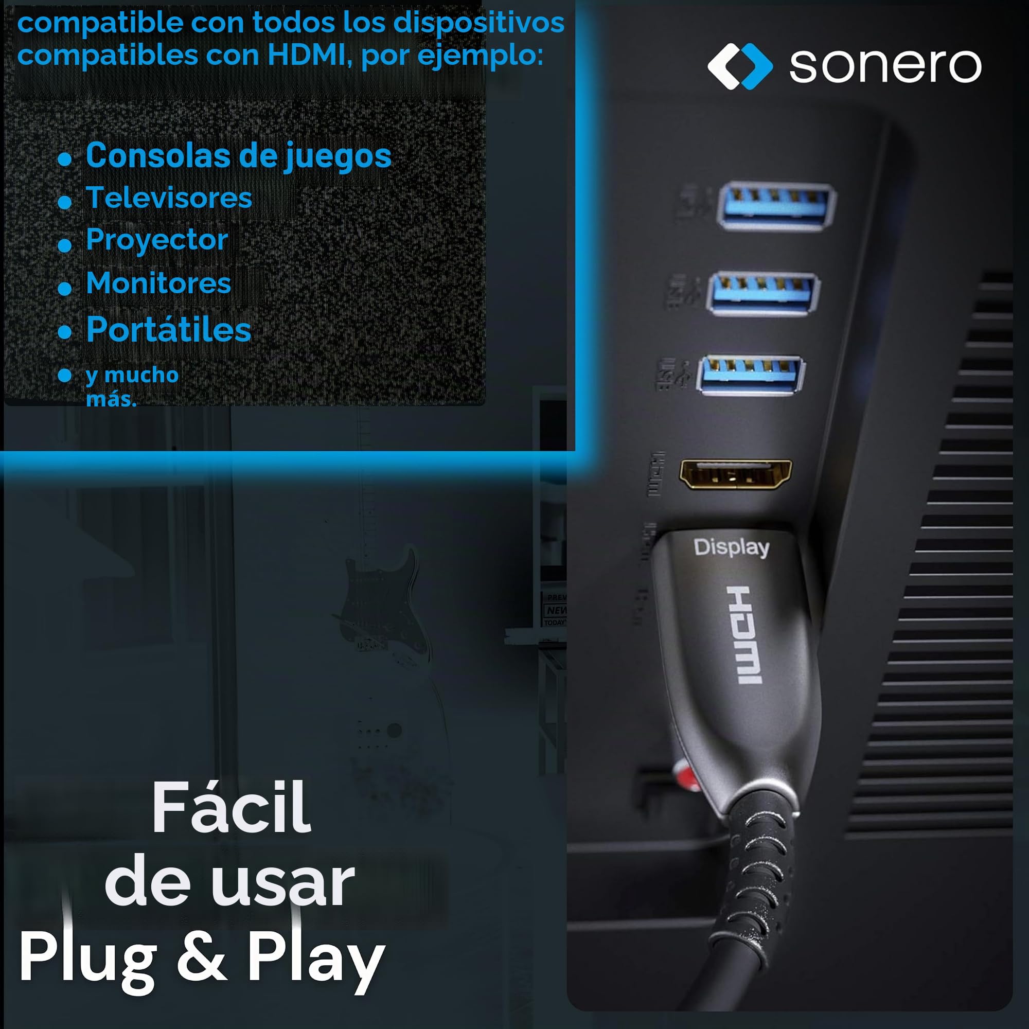 [Nuevo] sonero® 40m de Cable HDMI 2.0b, híbrido de Fibra óptica, UHD 2160P, 4K60Hz, 4:4:4, HDR, 18Gbps