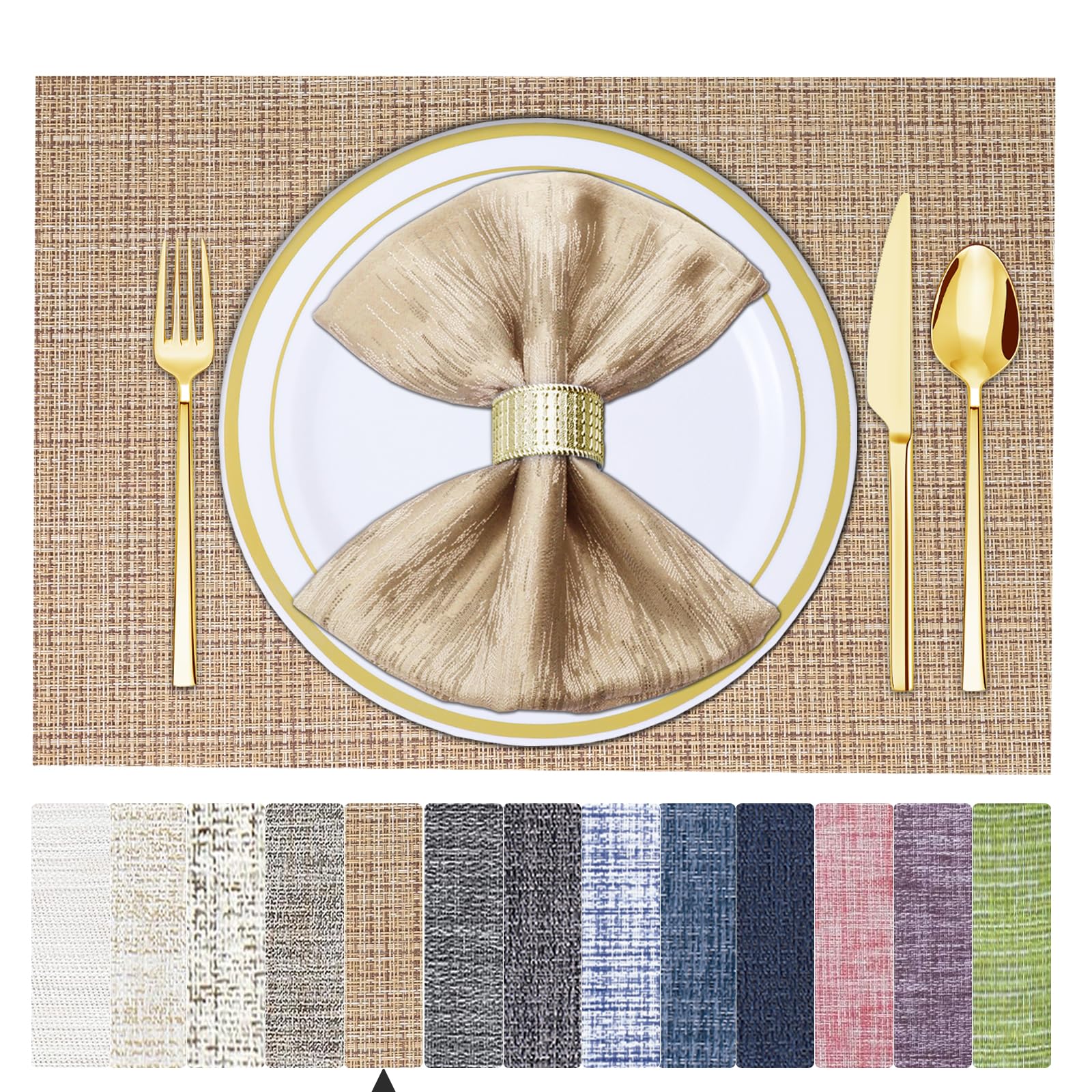 Set di 6 tovagliette in vinile intrecciato, lavabili e durevoli, per uso interno ed esterno, beige (8 pezzi)